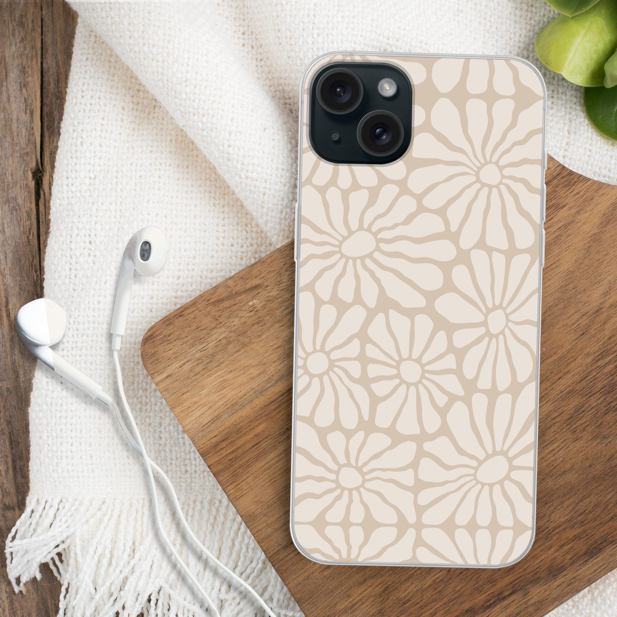 MuchoWow Handyhülle für Apple iPhone 15 Plus Floral - Druck - Beige - Braun - Minimalistis, Smartphone-Bumper, Print, Handy Schutzhülle Dünn
