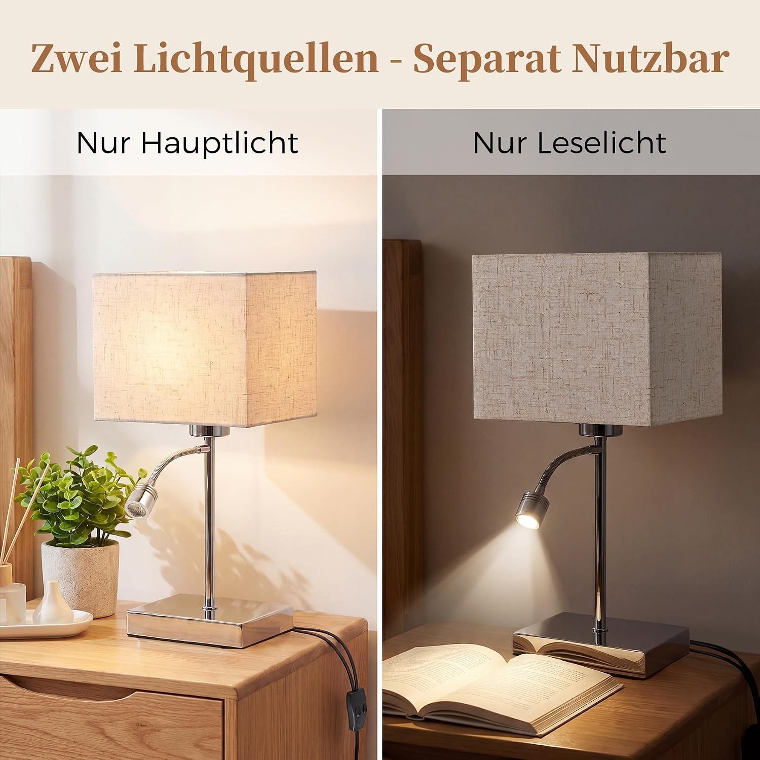 ZMH LED Tischleuchte Nachttischlampe E27 + LED-Leselampe, flexibler Lesearm, 38 cm, Zwei separate Schalter, ohne Leuchtmittel, Warmweiß, Stoffschirm Weiß, Chrom – Bild 4 von 5