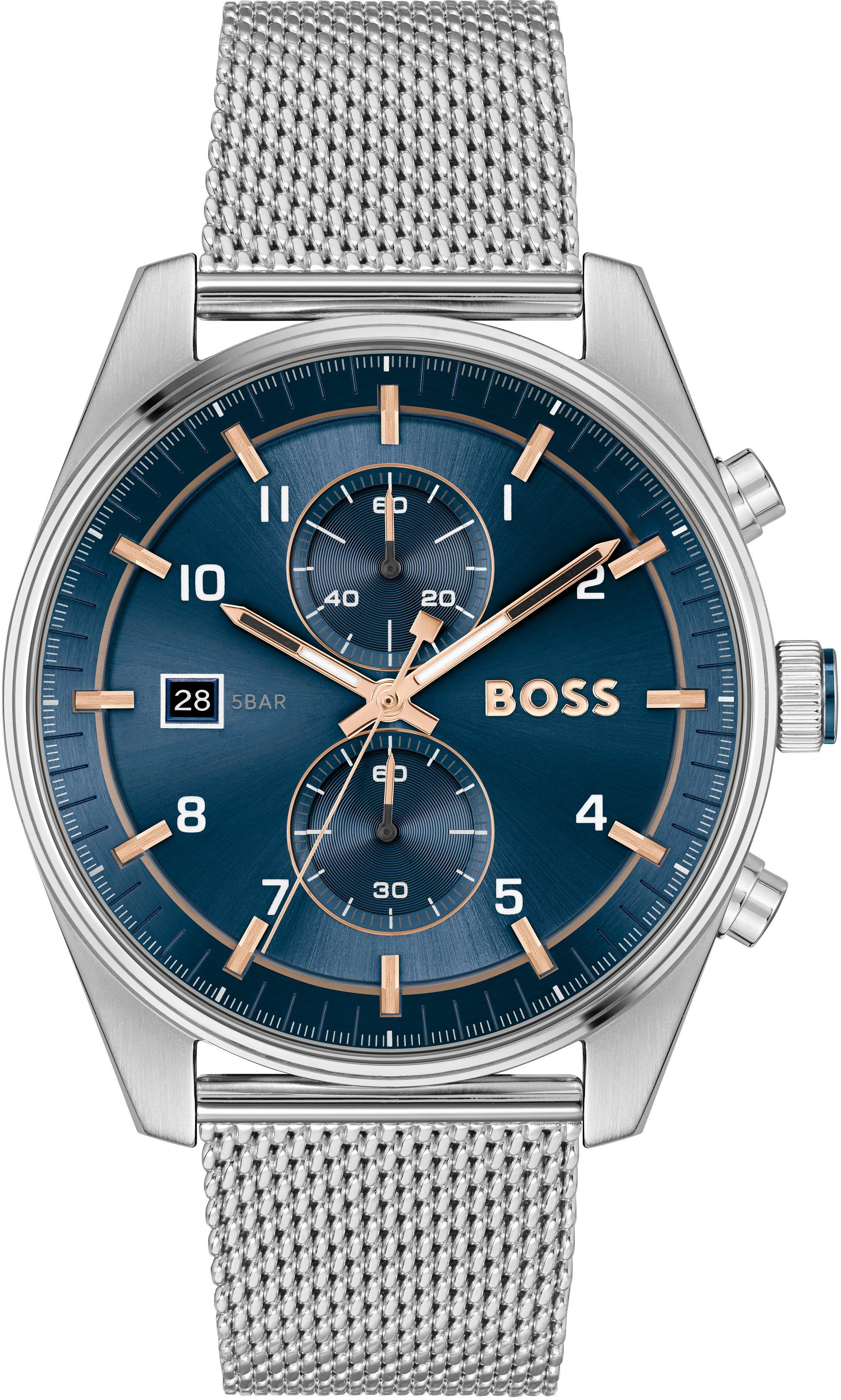 BOSS Chronograph SKYTRAVELLER, Quarzuhr, Herrenuhr, Armbanduhr, Stoppfunktion, Datum