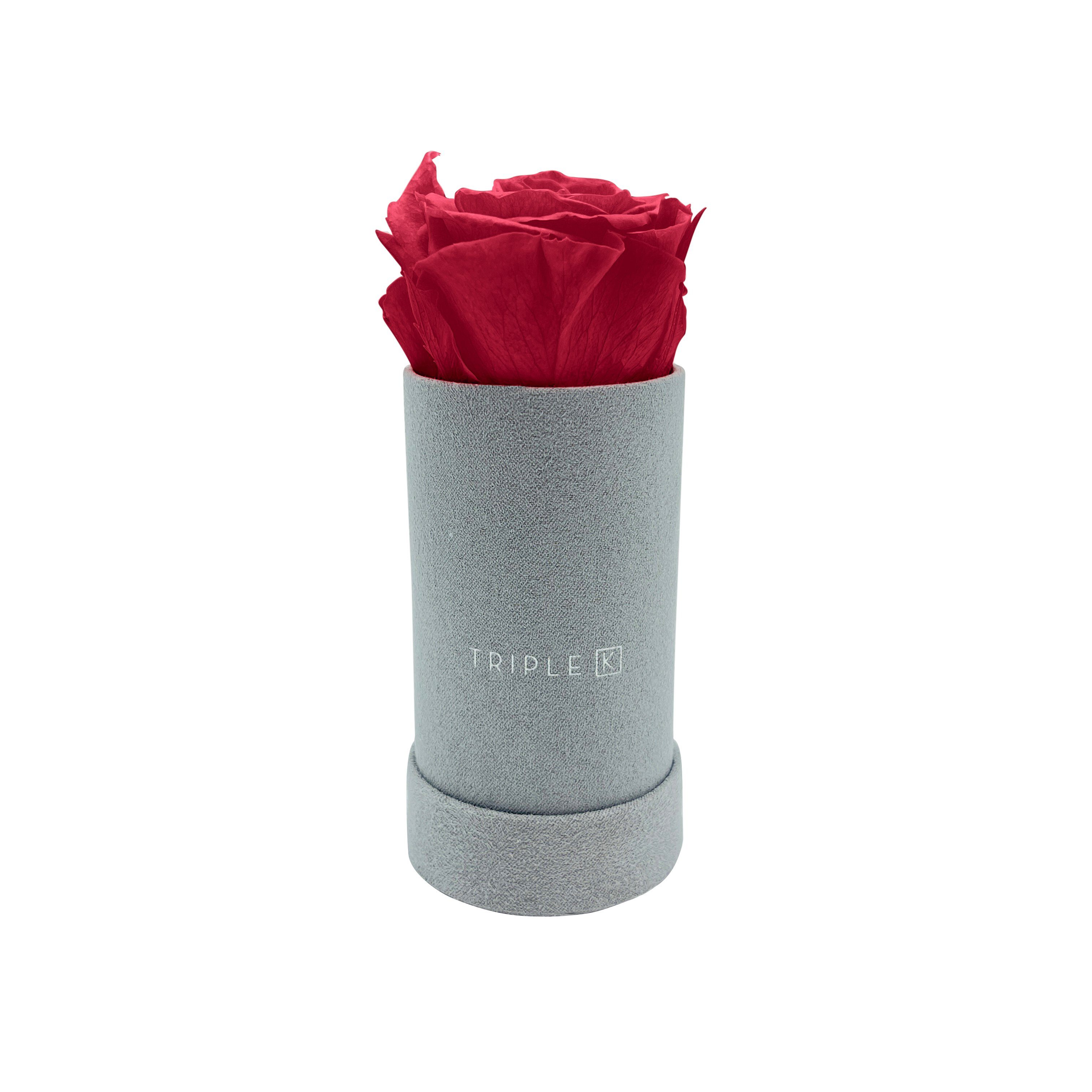 Jahre konservierten Rosenbox TRIPLE Kunstblume mit Grußkarte K Infinity K - Flowerbox mit bis Haltbar, TRIPLE Velvet Infinity Rot Rosen, Inkl. 3 Rose, Blumenbox Rosen,