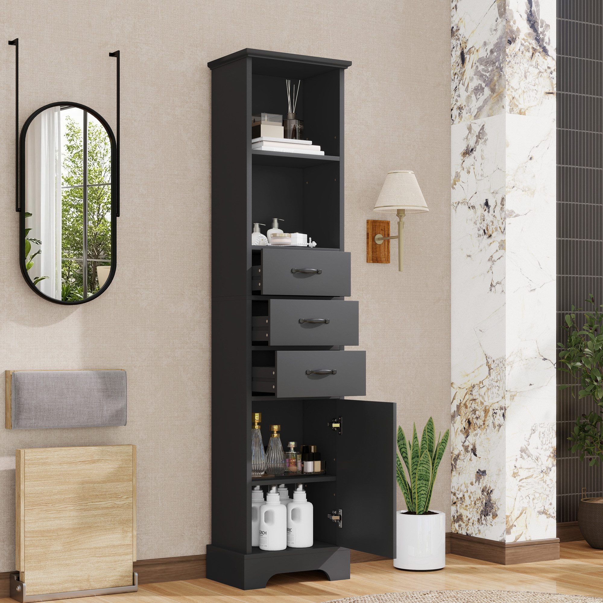 Flieks Badkommode Badezimmerschrank Hochschrank mit Feuchtigkeitsbeständigkeit (1 St., 38x26x172,5 cm), Mehrzweckschrank mit Schubladen und verstellbaren Einlegeböden Weiß