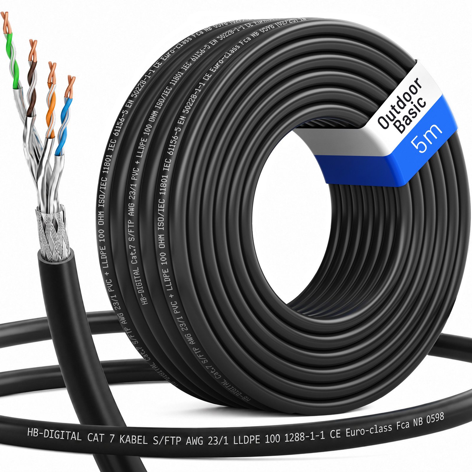 HB-DIGITAL CAT 7 Kabel 5m Outdoor Basic Simplex S/FTP LLDPE Netzwerkkabel, RJ45, (500 cm), S/FTP, Outdoor, LLDPE, PoE/PoE+, 60 m Permanent Link