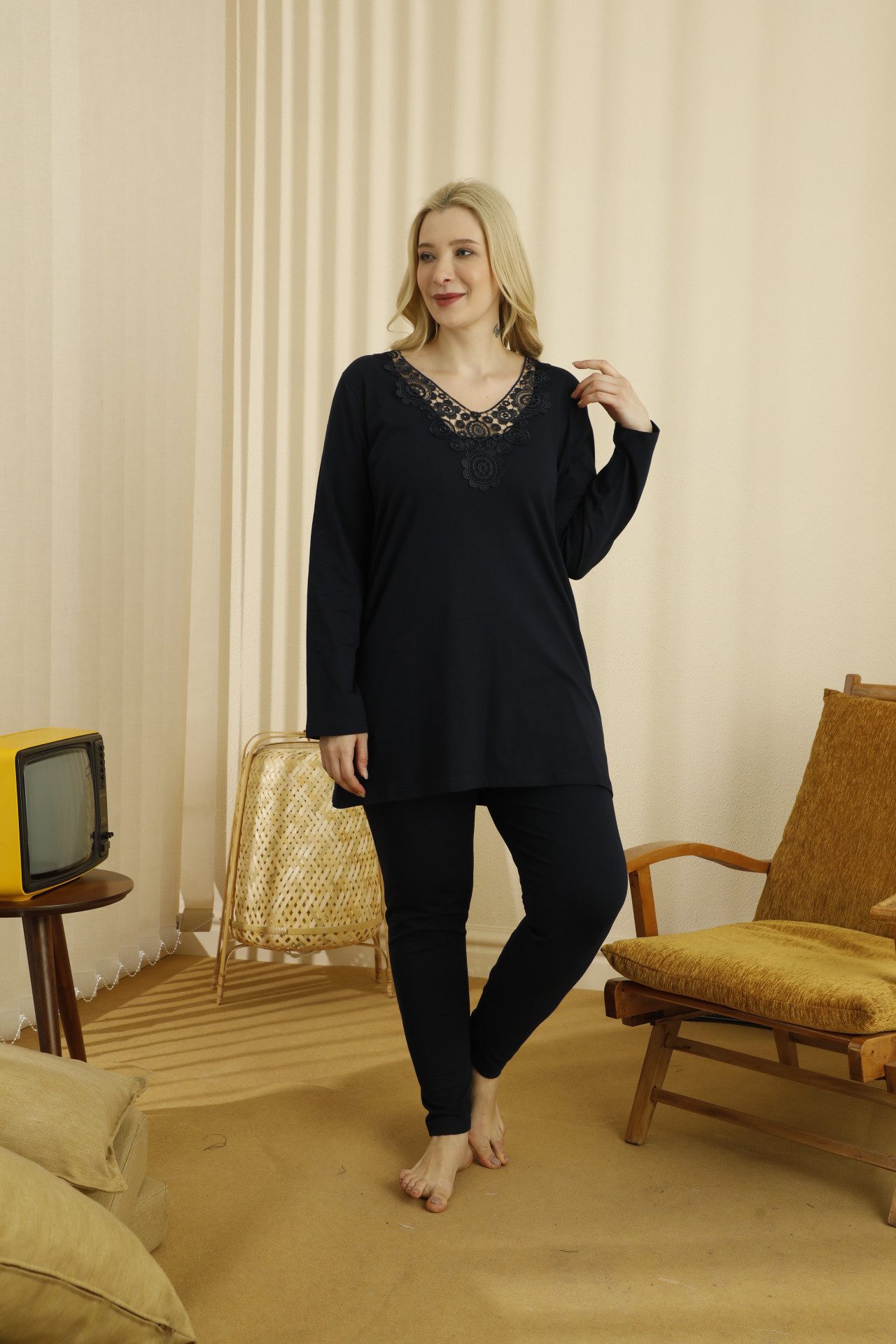 SEXEN (Siyah Inci) Schlafanzug Große Größen Damen Pyjama mit Spitze – Dunke günstig online kaufen