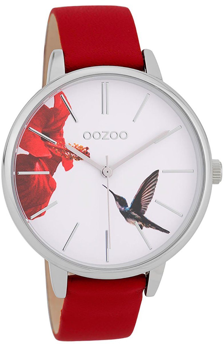 OOZOO Quarzuhr Oozoo Damen Armbanduhr rot, Damenuhr rund, groß (ca. 42mm)  Lederarmband, Fashion-Style