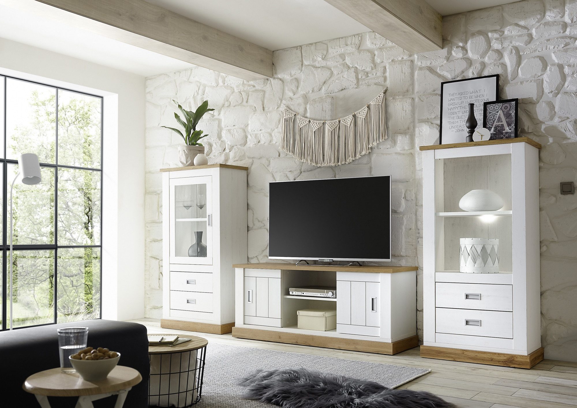 Beauty.Scouts Wohnzimmer-Set Kombination "Hamptons", Pinie Weiss Dekor, 324x146x46 mit Beleuchtung