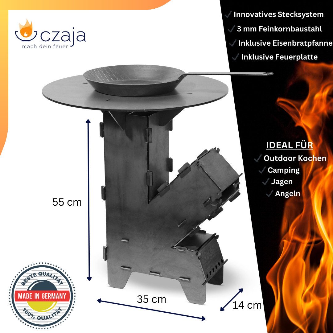 Czaja Feuerschale Czaja® Raketenofen inkl. Grillplatte, Eisen Bratpfanne & Grillbesteck, präzise gefertigt aus unbehandeltem Stahl