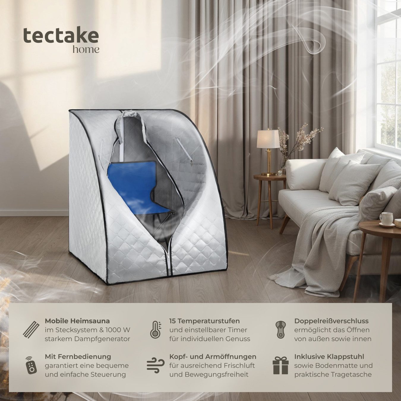 tectake Sauna Mobile Dampfsauna ThermaLuxe II, 1000 W, 15 Temperaturstufen, inkl. Fernbedienung, Matte, Klappstuhl und Tragetasche