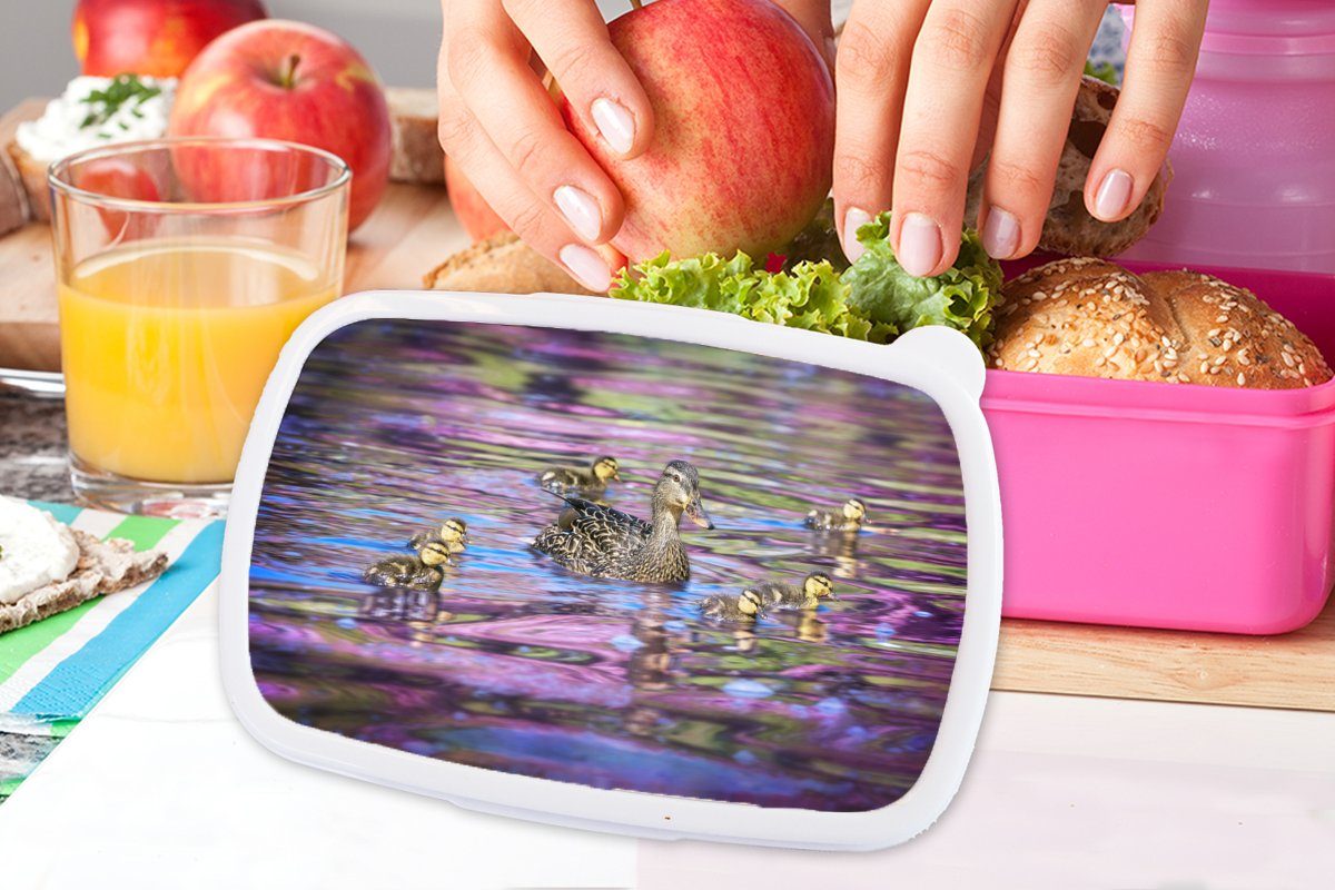 MuchoWow Lunchbox Ente - Wasser für - Farben, Kunststoff (2-tlg), Brotdose Kunststoff, Brotbox Erwachsene, rosa Kinder, Snackbox, Mädchen