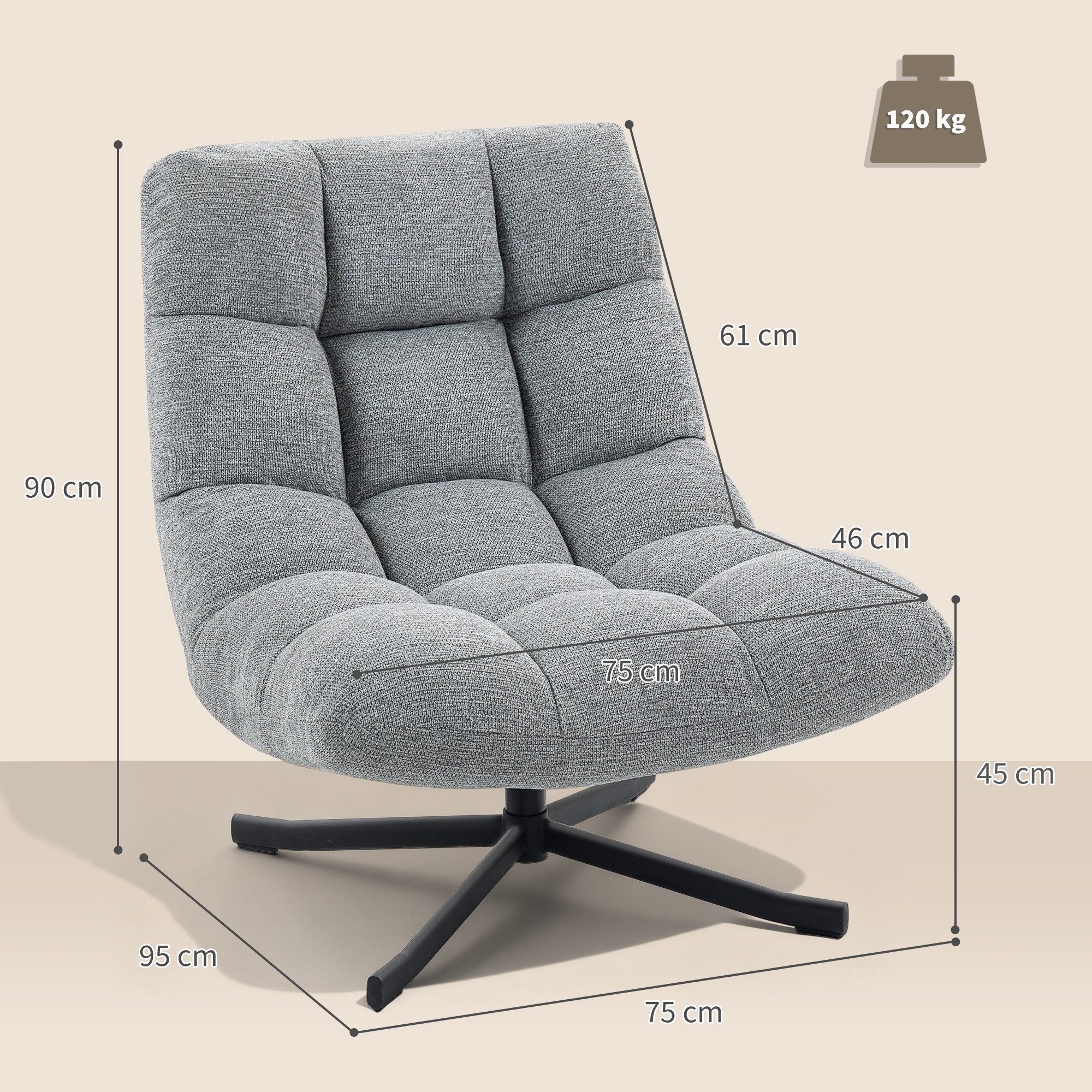 HOMCOM Relaxsessel mit Breiter Sitzfläche, wasserabweisend Chenille-Optik, Stahlbeine (gepolstert Sessel, 1-St., Drehbar Loungesessel), für Wohnzimmer, Schlafzimmer, Grau