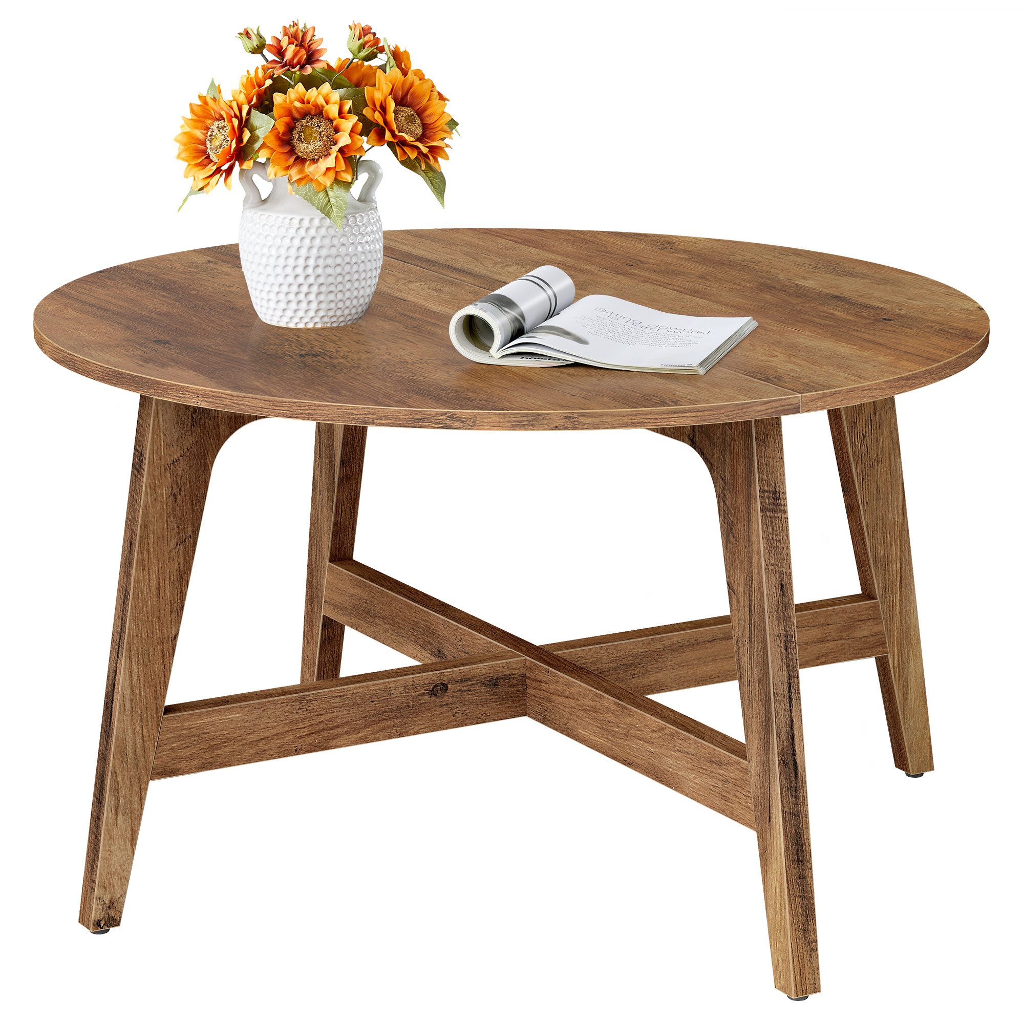 VASAGLE Couchtisch Wohnzimmertisch rund, konische Beine, braun, Wohnzimmertisch, geschwungene Form, einfache Montage