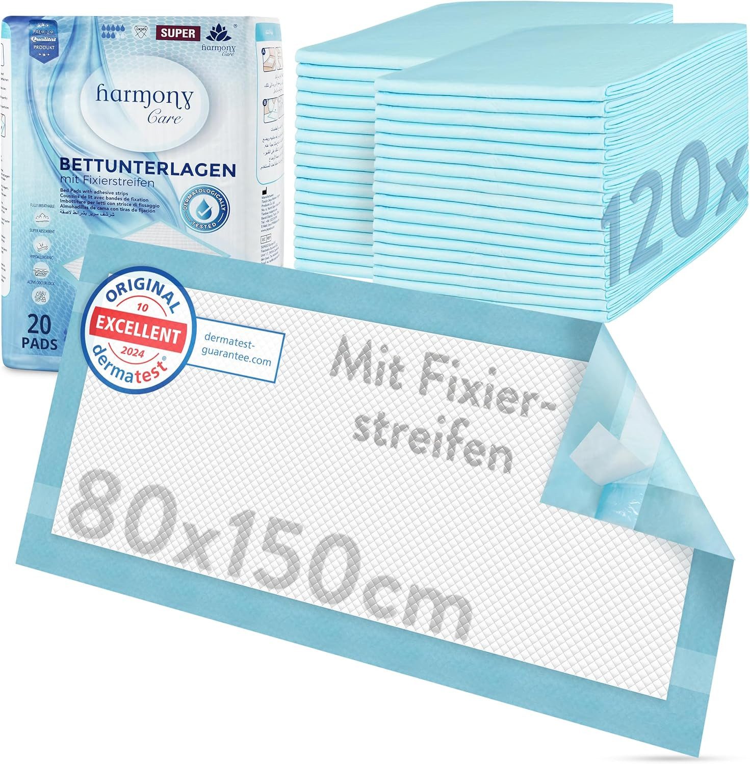 Inkontinenzauflage Bettunterlage mit Fixierstreifen, saugstarke Inkontinenzunterlage Harmony Care, rutschfeste Inkontinenzunterlage Einweg