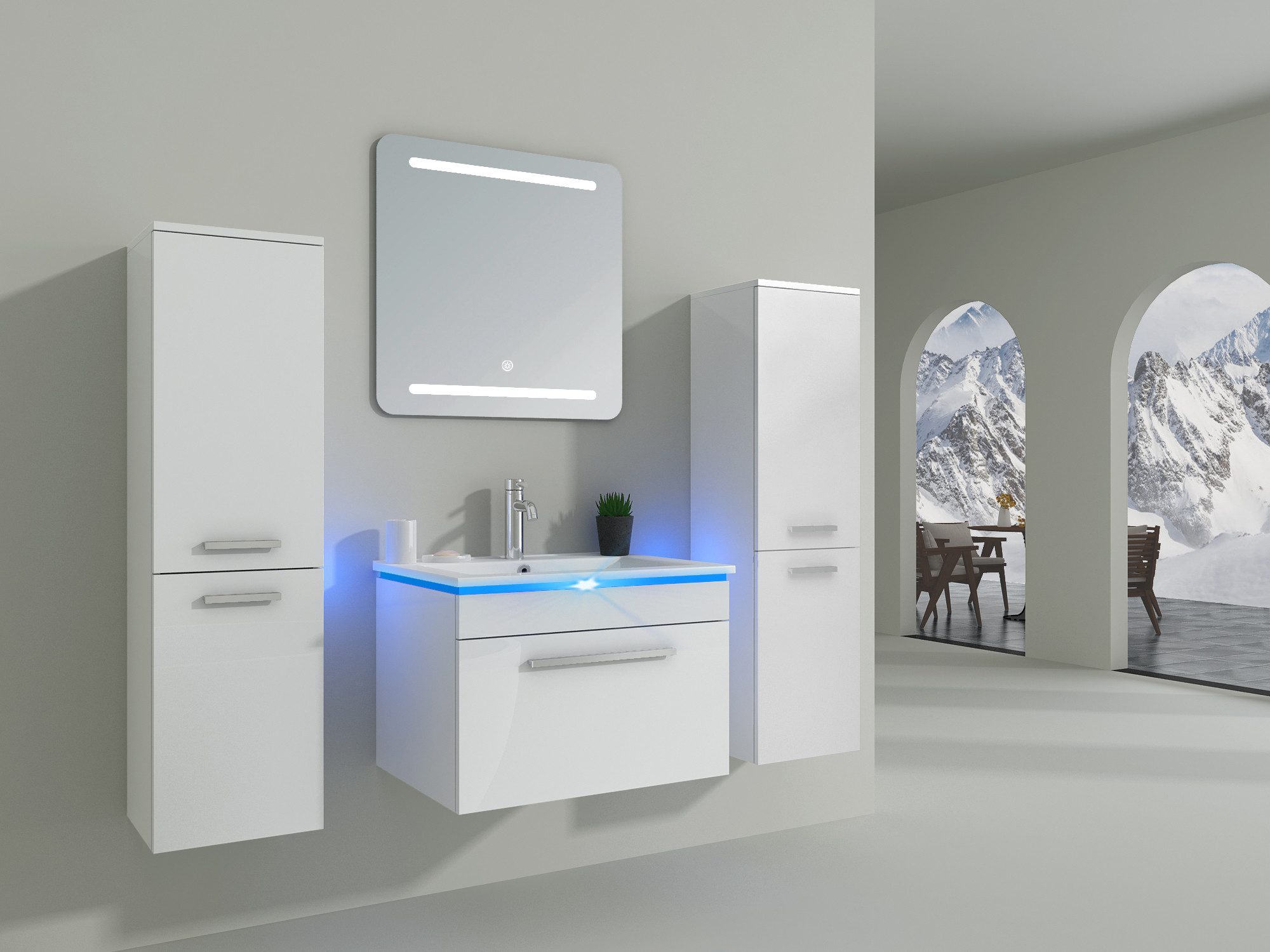 Faizee Home Badmöbel-Set Moderne Badmöbel in Hochglanz Weiß – LED-Spiegel & günstig online kaufen