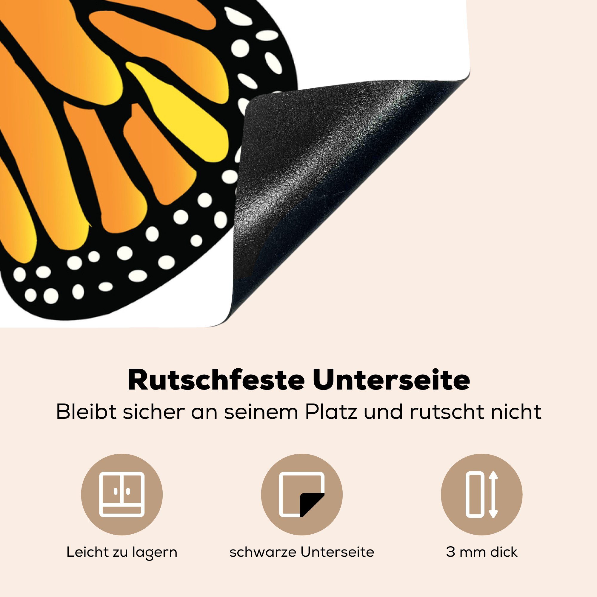 MuchoWow Herdblende-/Abdeckplatte Eine Illustration eines Vinyl, Induktionskochfeld 81x52 Schmetterlings, Schutz Ceranfeldabdeckung für gelb-orangen cm, die küche, (1 tlg)