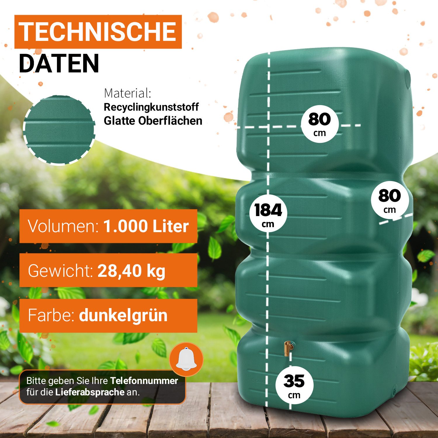 GARANTIA Regentonne CUBUS Regentonne Komplett-Set 1000 L, dunkelgrün, 1000 l