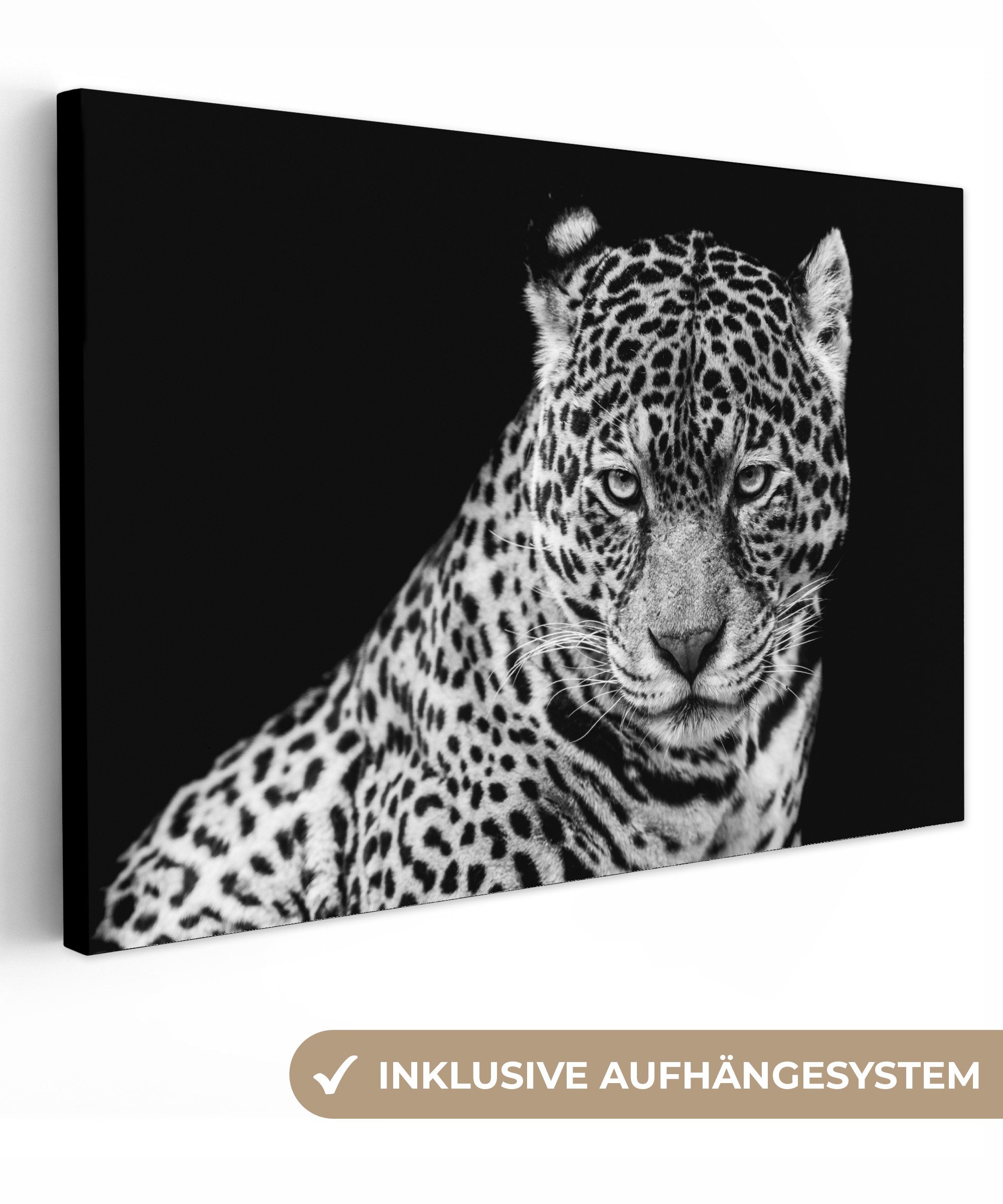 OneMillionCanvasses® Leinwandbild Leopard - Tiere - Schwarz - Weiß - Porträt, Fotodruck (1 St), Wandbilder Wohnzimmer Schlafzimmer 90x60 cm