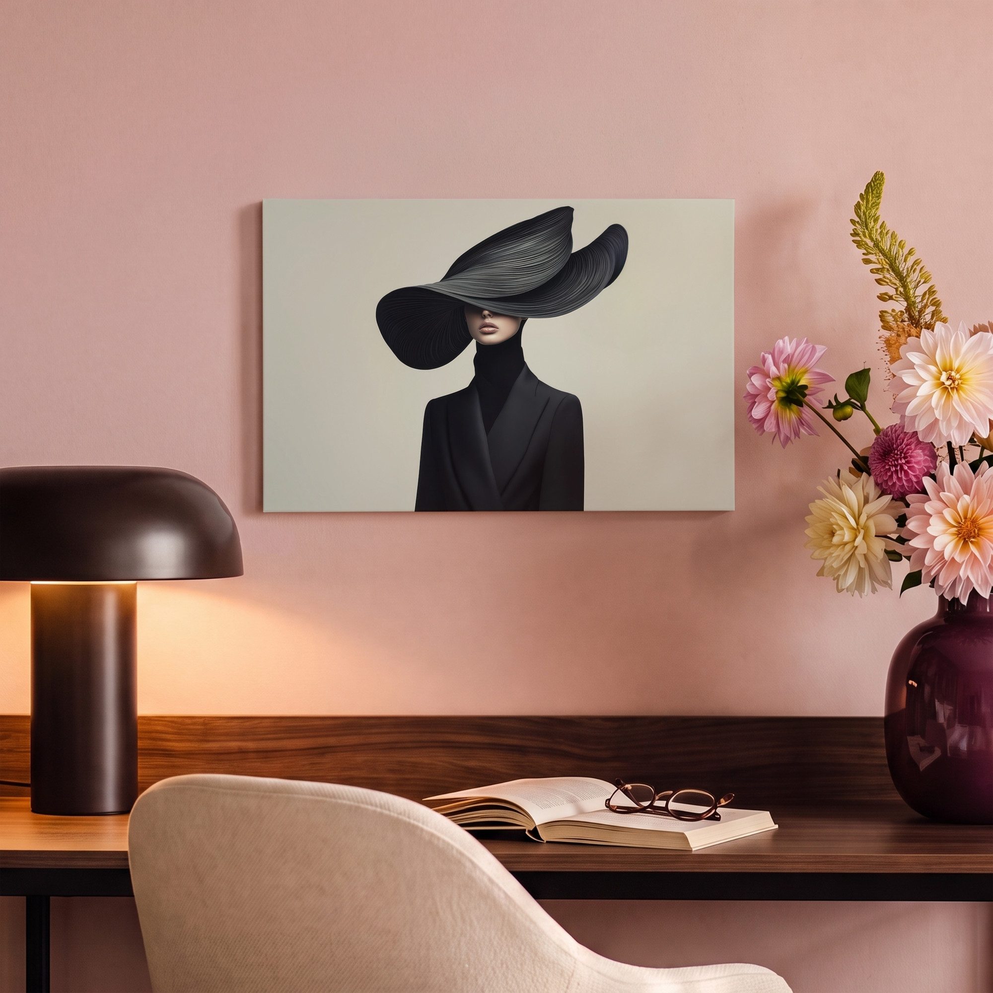 OneMillionCanvasses® Leinwandbild Schwarz - Frau - Hut, Fotodruck (1 St), Wandbild, Deko Schlafzimmer Wohnzimmer Flur 20x20 cm – Bild 4 von 5