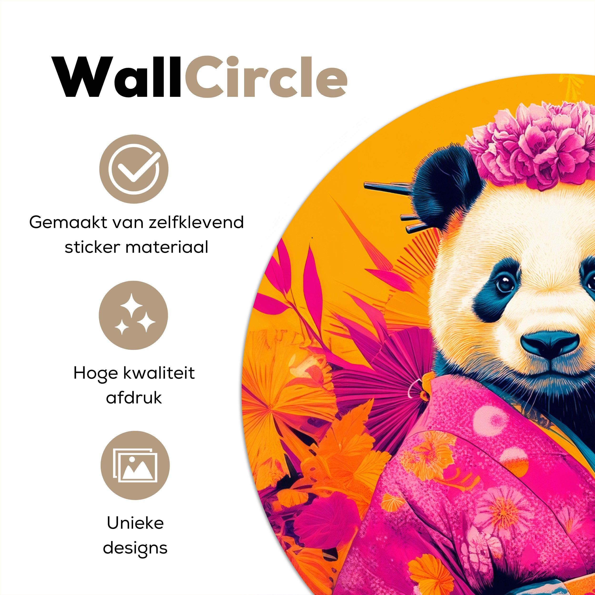 MuchoWow Wandsticker Kimono - Rosa - Panda - Blumenkrone (1 St), Tapetensticker Selbstklebend, Wandbild Wohnzimmer, 80x80 cm