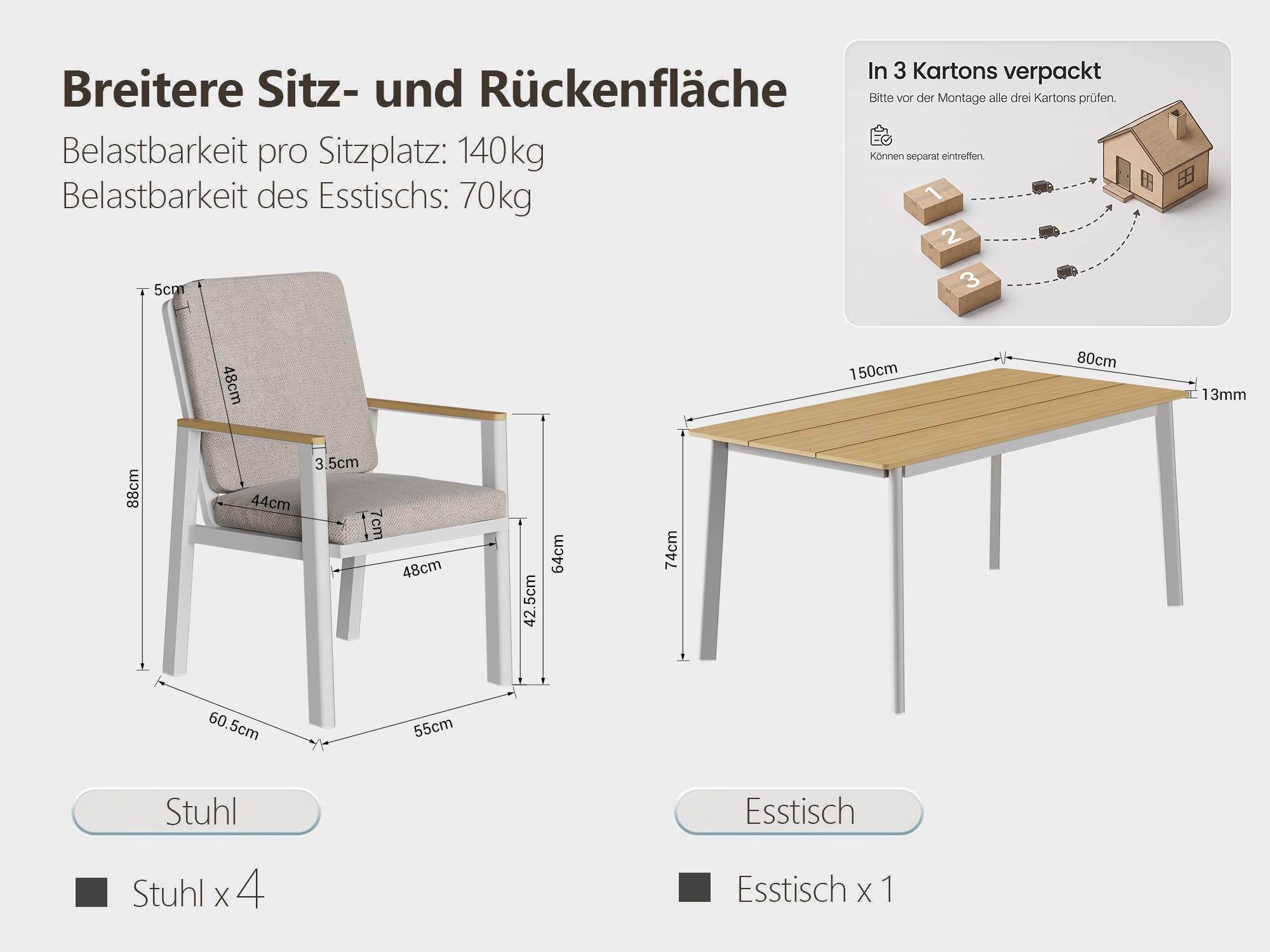 MeXo Gartenlounge-Set Aluminium Gartenmöbel Set, (150 x 80 cm Gartentisch, 5-tlg., mit 4 Stühlen), wetterfeste Essgruppe für Terrasse Balkon Garten