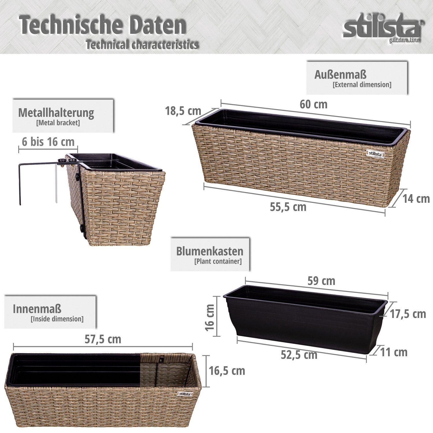 Kunststoffeinsatz, Creme verstellbare Aufhängung 2er-Set), & Blumenkübel STILISTA Hängekasten Farbwahl herausnehmbarer Balkonkasten Blumenkasten Polyrattan (Set,