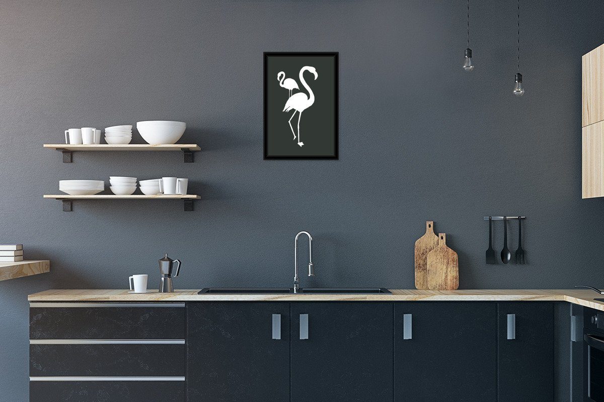 MuchoWow Poster Illustration Bilderrahmen Gerahmtes Wanddeko, - Schwarzem Weiß, Poster, - Flamingo Wandposter, (1 Bilder, St)