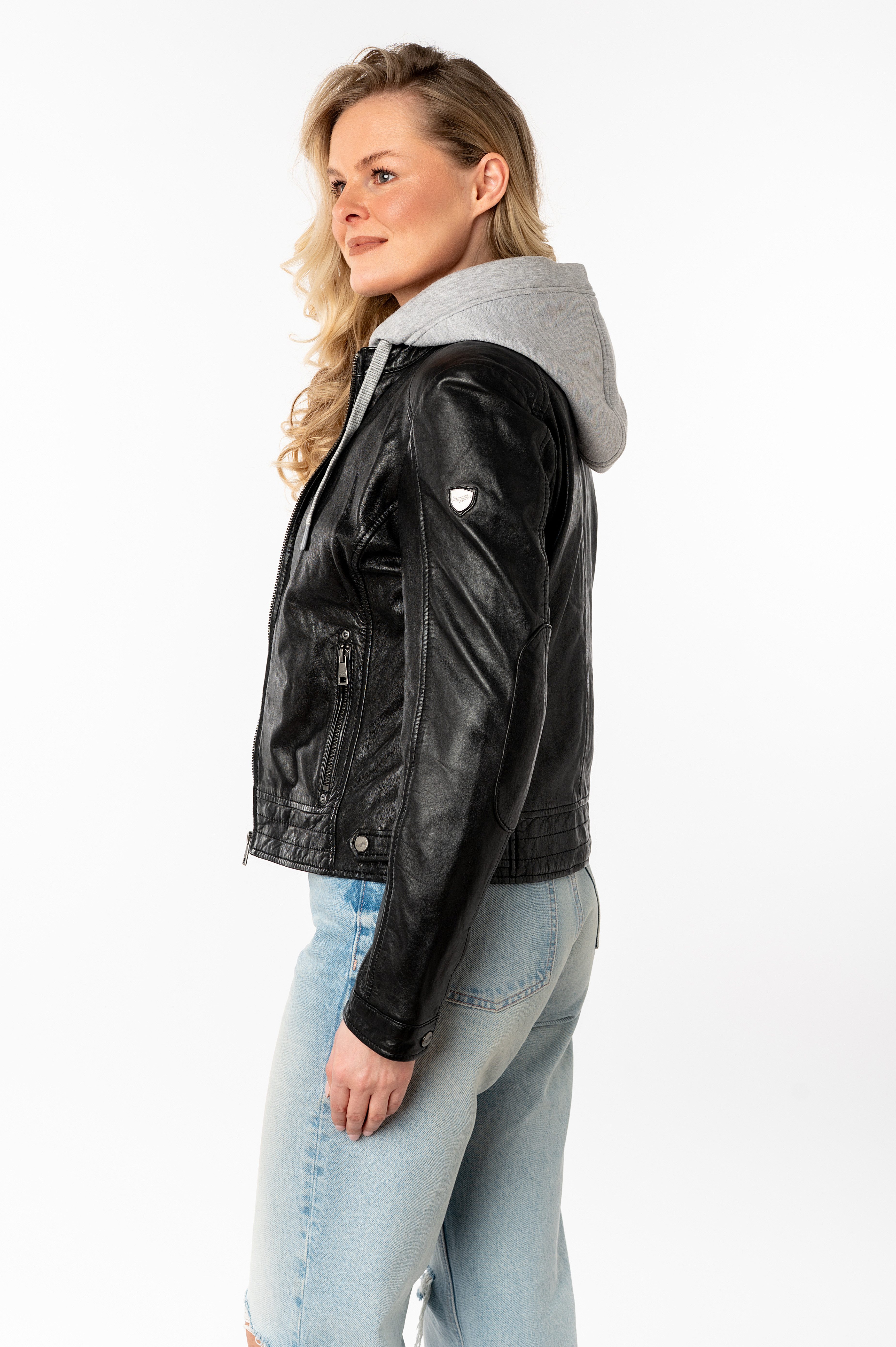 Mauritius Lederjacke MWAleni mit Jerseykapuze und Stehkragen – Bild 3 von 5