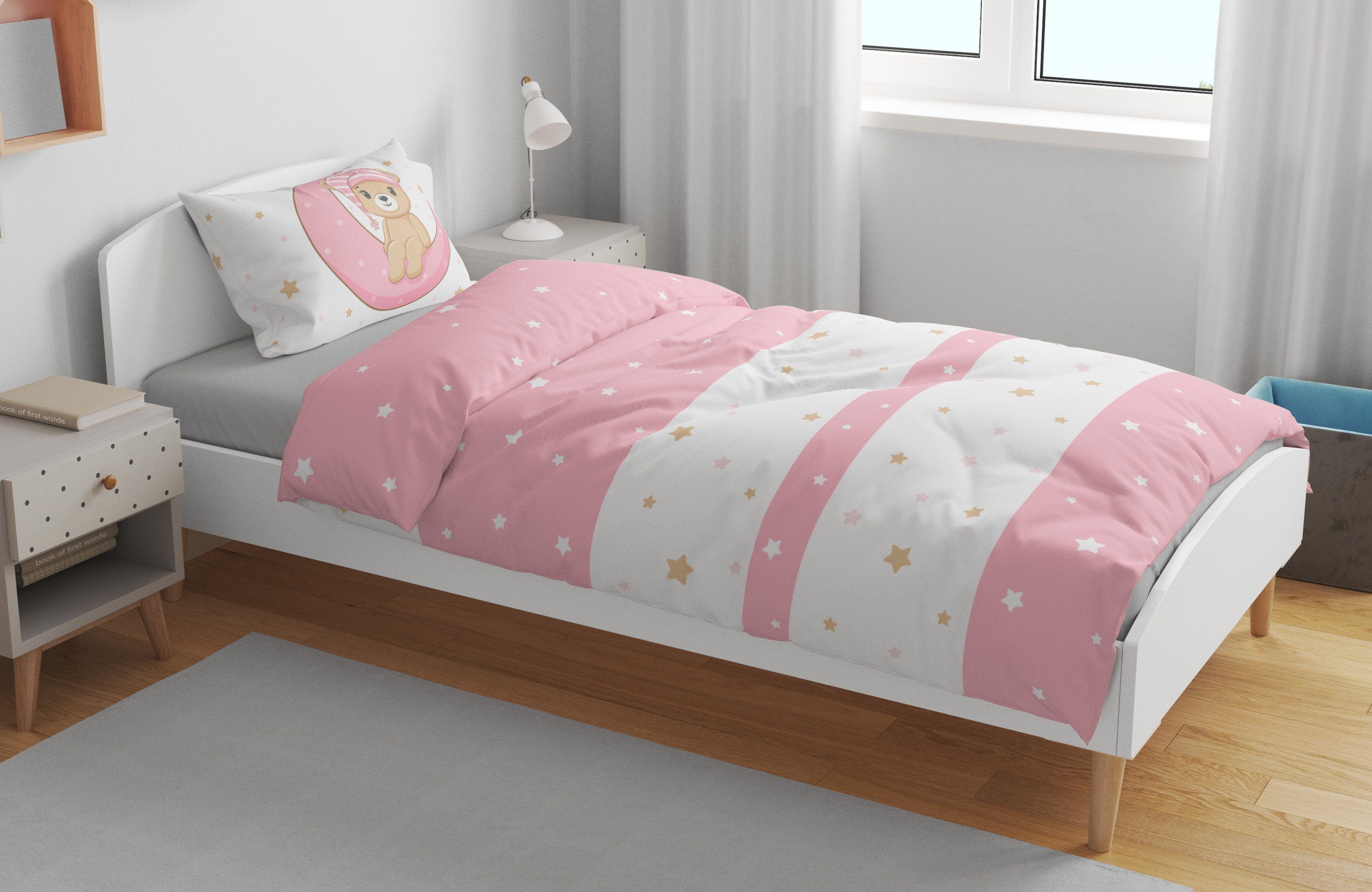 One Home Babybettwäsche Teddy Bären, Mikrofaser, 2 teilig, Mond und Sterne für Mädchen, Kinder und Babybetten geeignet