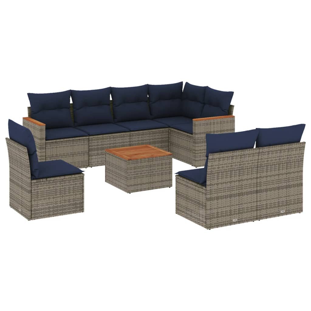 Gartenlounge-Set 9-teiliges Gartensofa-Set mit Kissen, grau, Polyrattan