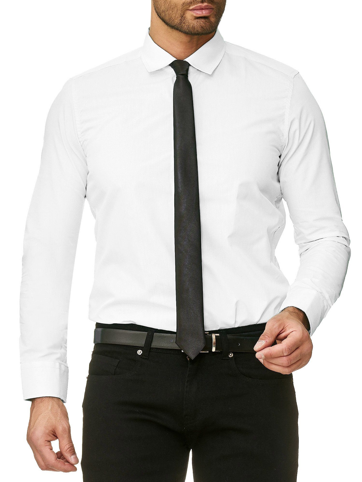 Reslad Langarmhemd Reslad Herren-Hemd Slim-Fit + Krawatte SET Bügelle Freizeithemd Businesshemd Hemd + Krawatte SET