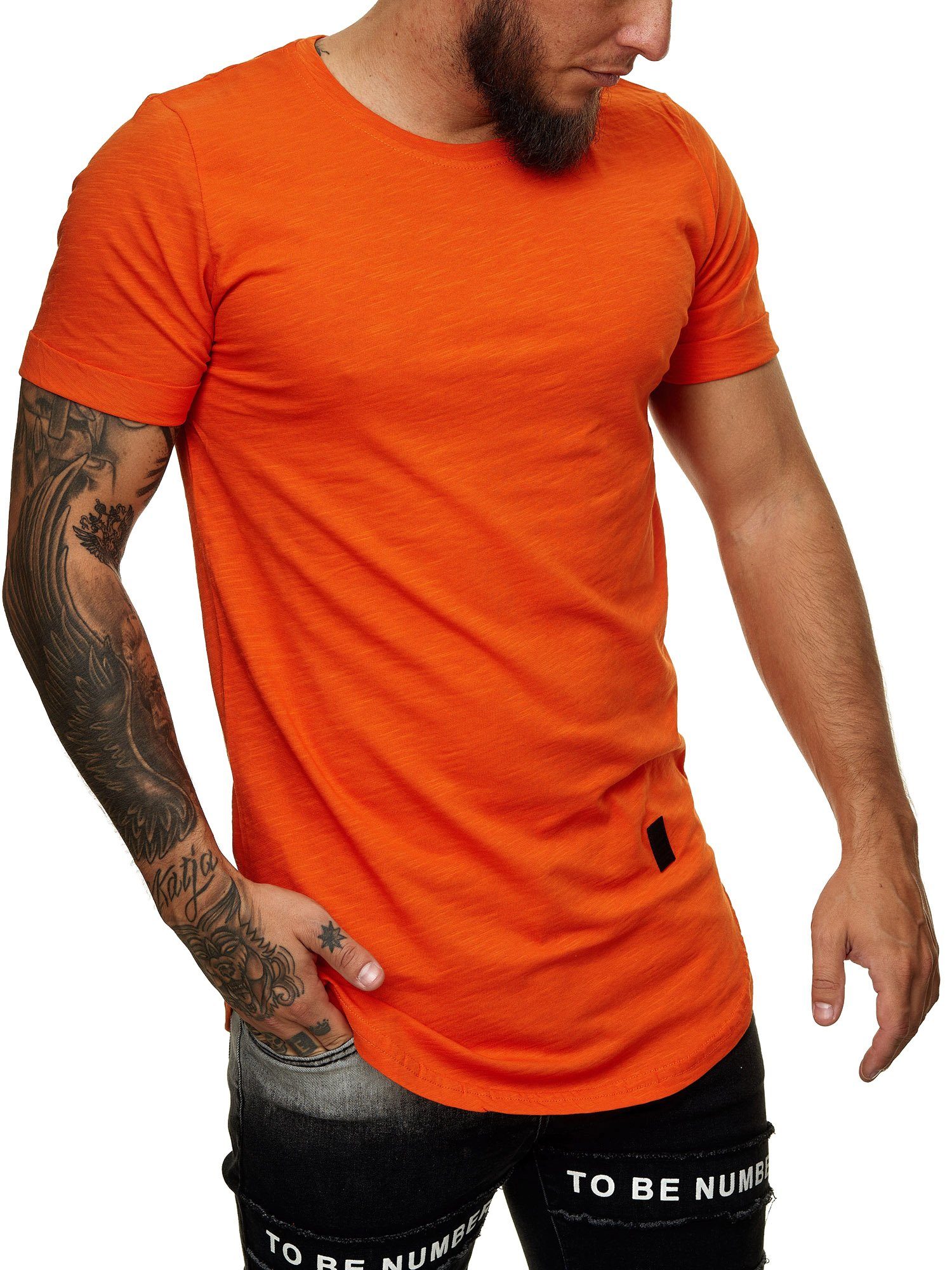 Neck Basic Shirt T-Shirt Shirt Code47 Herren Round T-Shirt (1-tlg) Zipper Vintage Orange Oversize