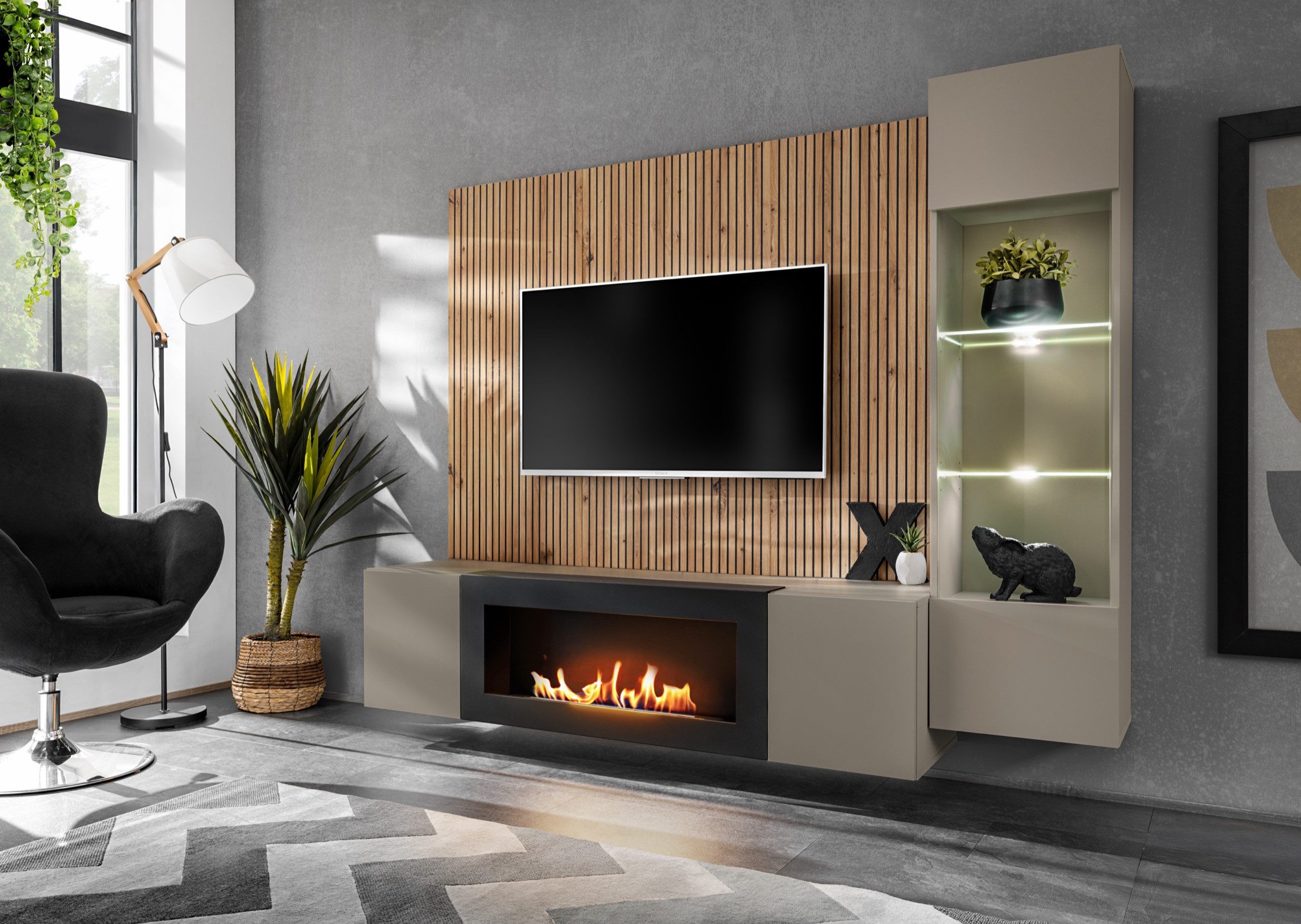 ASM-Moebel Wohnwand Wohnwand XARI PGAS-K mit Led Push - Click und Bio-Ethanol Kamin, Mit Bio-Ethanol Kamin Led Beleuchtung und Push-Click System