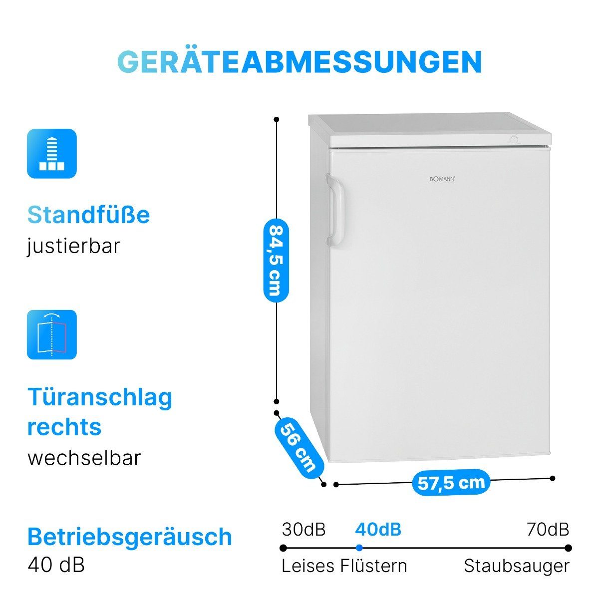 BOMANN Gefrierschrank GS 2196.1, 84.5 cm hoch, 56 cm breit, 85 Liter, 3 Schubladen, leise & effizient, weiß