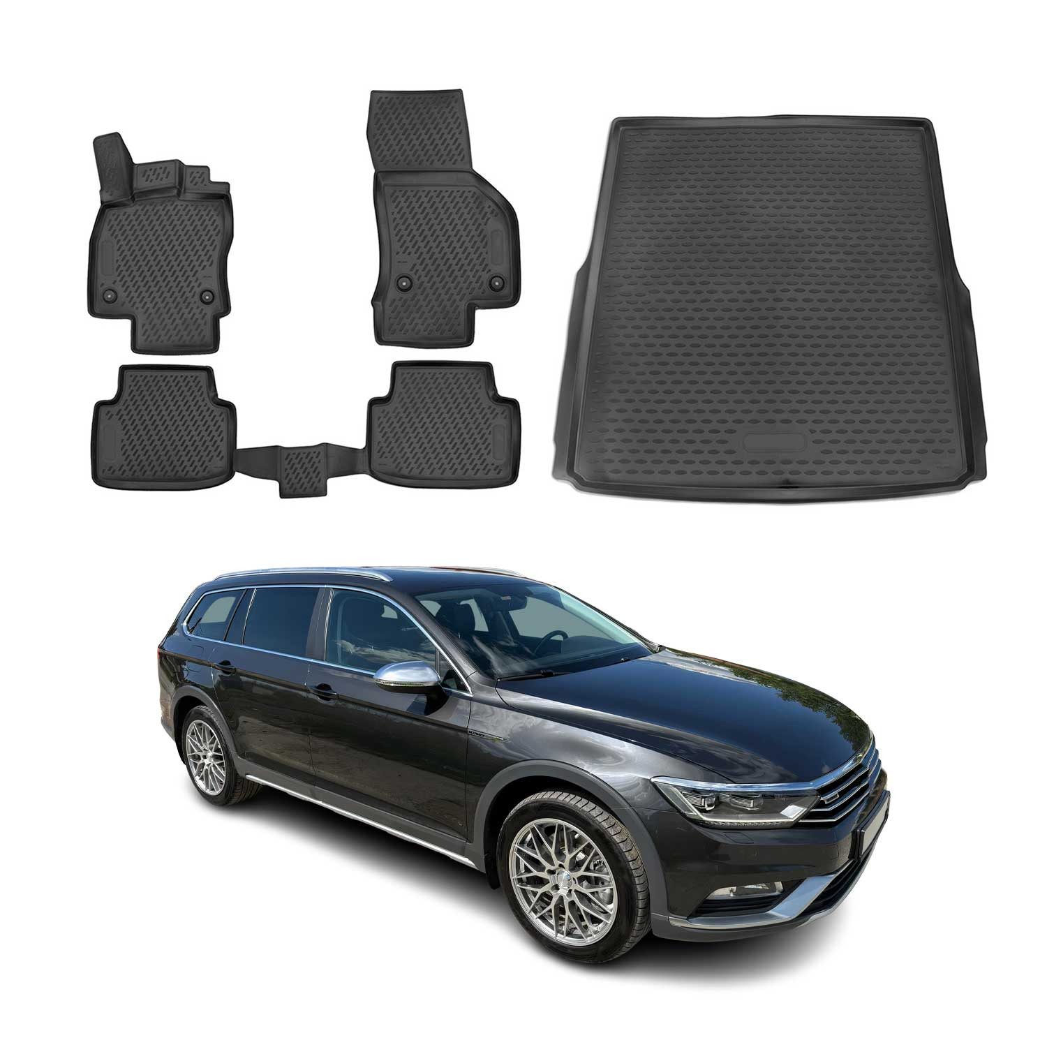 OMAC Auto-Fußmatten Kofferraumwanne Set für VW Passat B8 Variant 2014-2023 Gummi Schwarz (5 St), für VW Passat B8 Variant 2014-2023 VW Passat B8 Variant 2014-2023, Einfache Installation,Antirutsch,Leicht zu reinigen