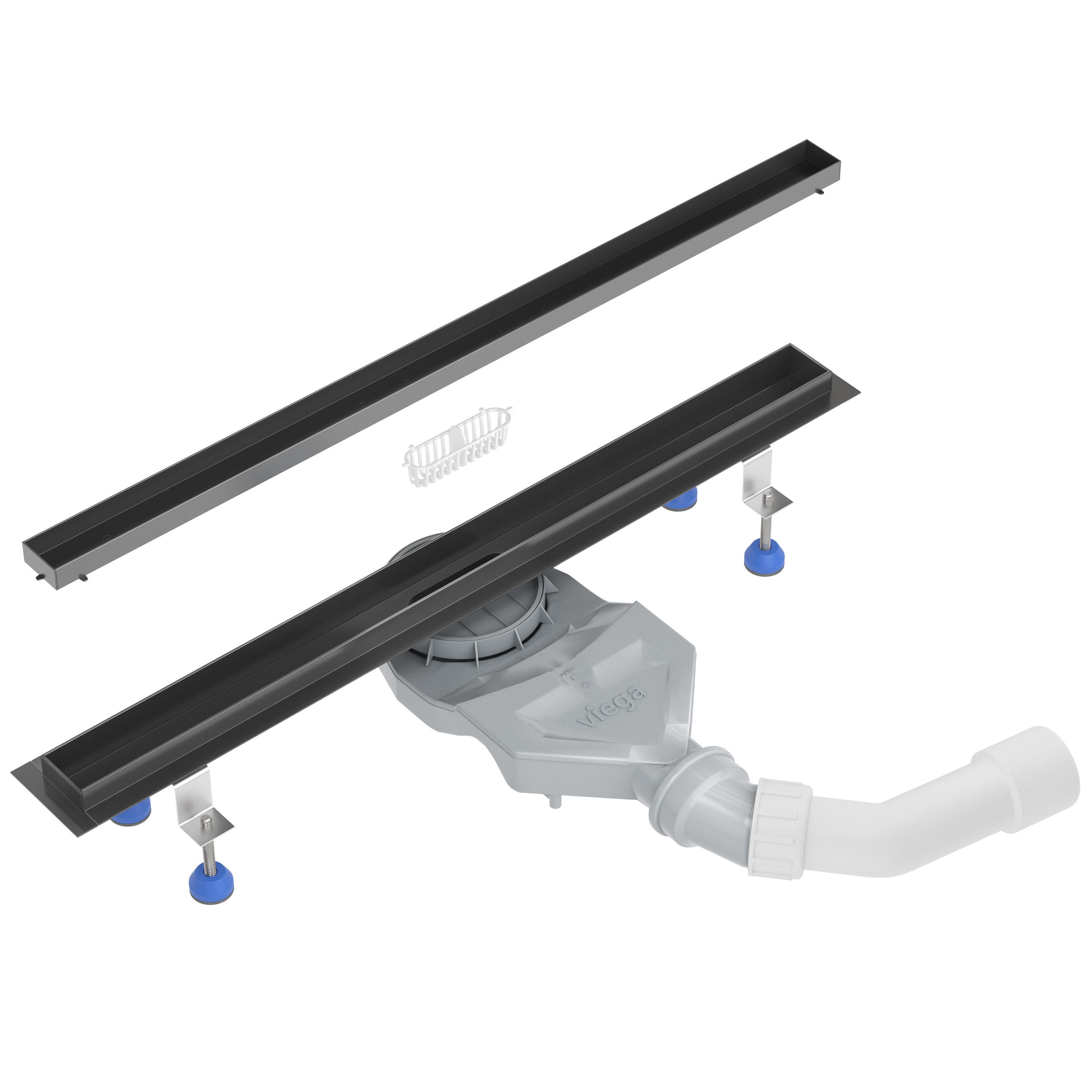 Aquabad® Duschrinne Slim Edelstahl Schwarzmatt, Haarsieb, Viega-Siphon, befliesbar, Komplett-Set, Farbe: Schwarz Matt