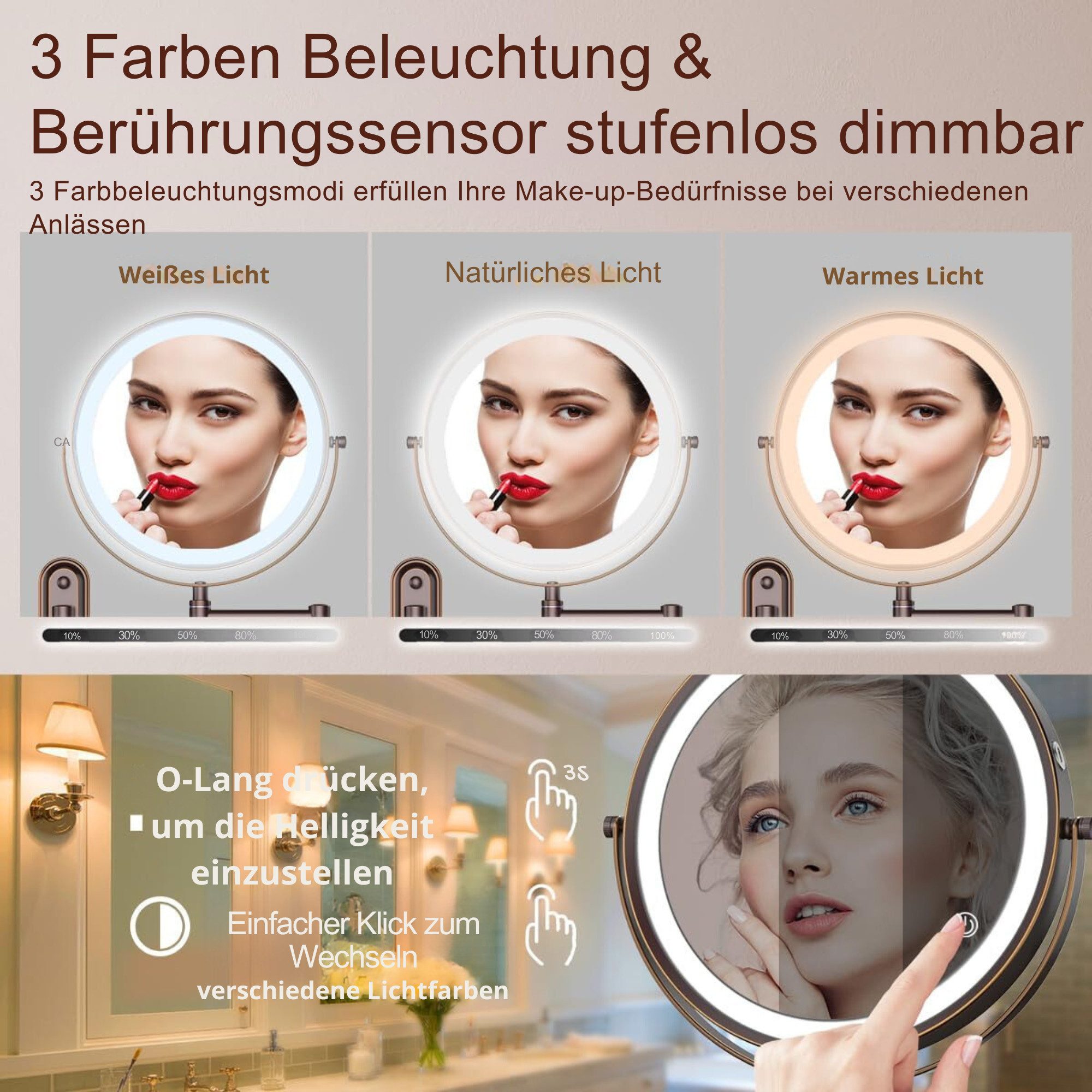 Vivitar Kosmetikspiegel Wiederaufladbarer beleuchteter Badezimmerspiegel, 1X/10X Vergrößerung (einfache Installation und 360-Grad-Drehung, Doppelseitig beleuchteter Kosmetikspiegel), Touch-Switch-Steuerung, einstellbare Helligkeit