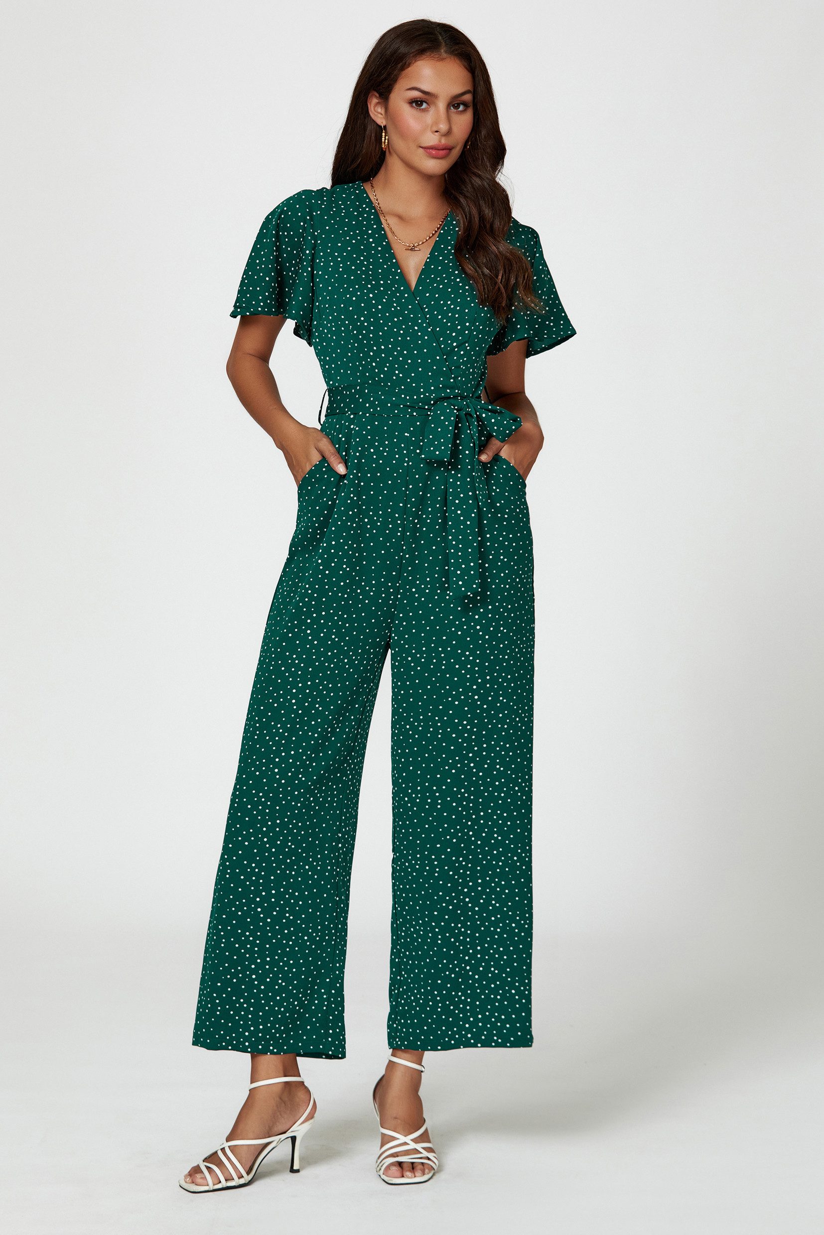 FS Collection Jumpsuit Damen Jumpsuit mit Wickeloberteil und weitem Bein (XS (EU:36 / UK:8) · S (EU:38 / UK:10) · M (EU:40 / UK:12) · L (EU:42 / UK:14) · XL (EU:44 / UK:16), 4 Farben: Rostrot, Schwarz, Grün und Dunkelgrün) Wickeloptik, Statement-Print, elegante Silhouette