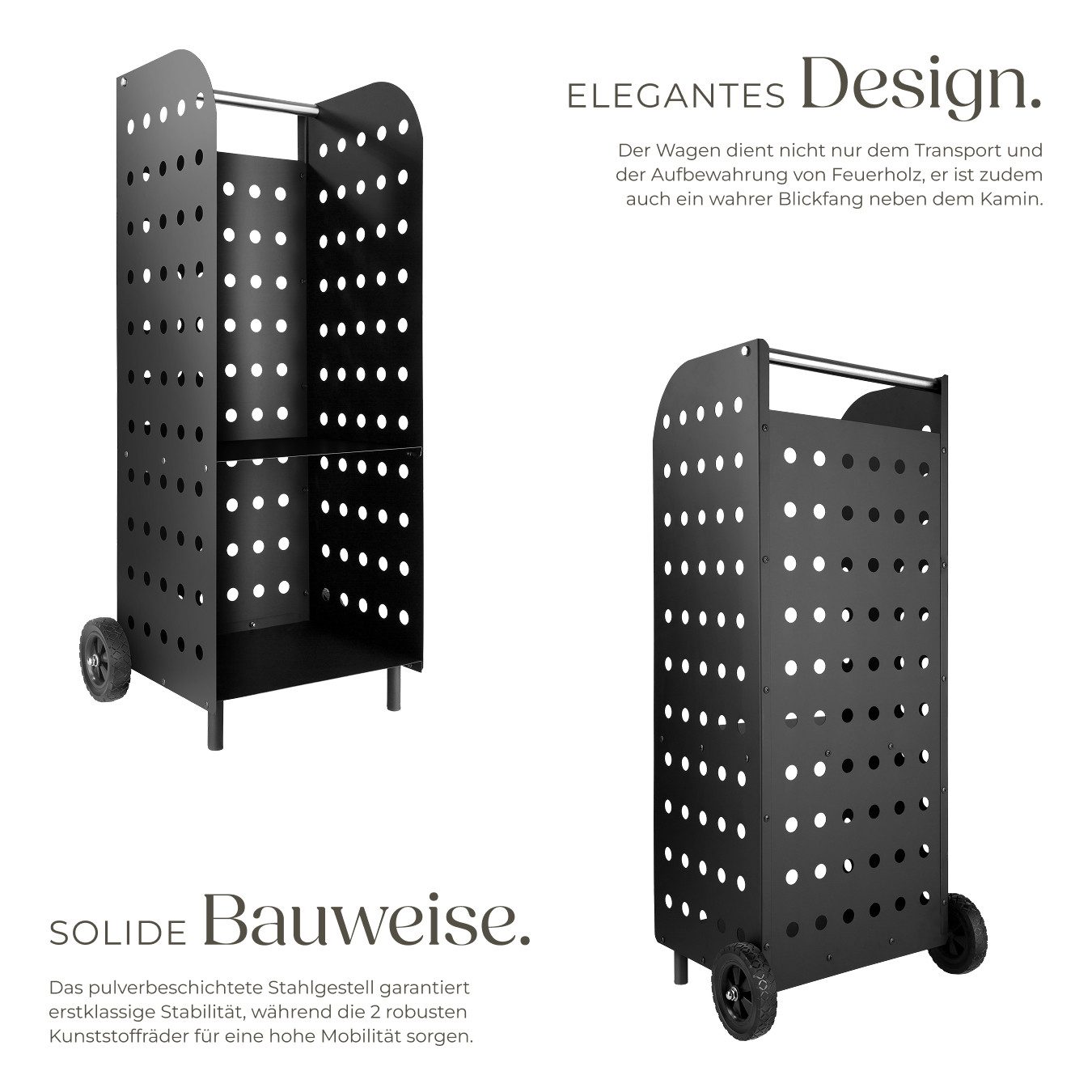 tectake Kaminholzregal Brennholzwagen 53,5 x 41 x 112 cm, Stahl, Belastbarkeit 50 kg, BxTxH:45,00x55,00x104,00 cm, (Kaminholzkorb, in schwarz), mit großen Kunst – Bild 3 von 5
