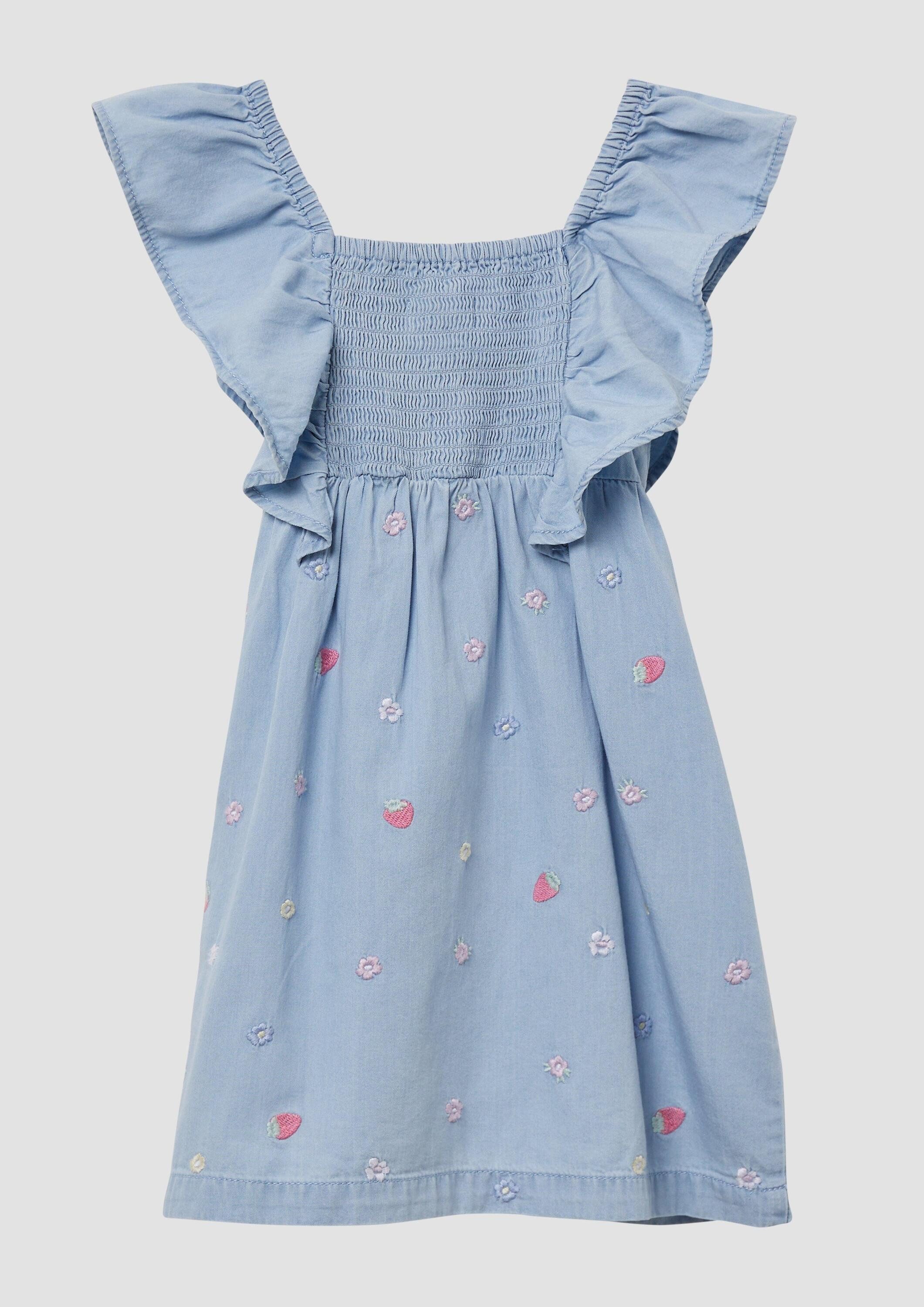 s.Oliver Minikleid Kleid Kurzes Denim-Kleid mit Smok-Detail und All-over-Stickerei