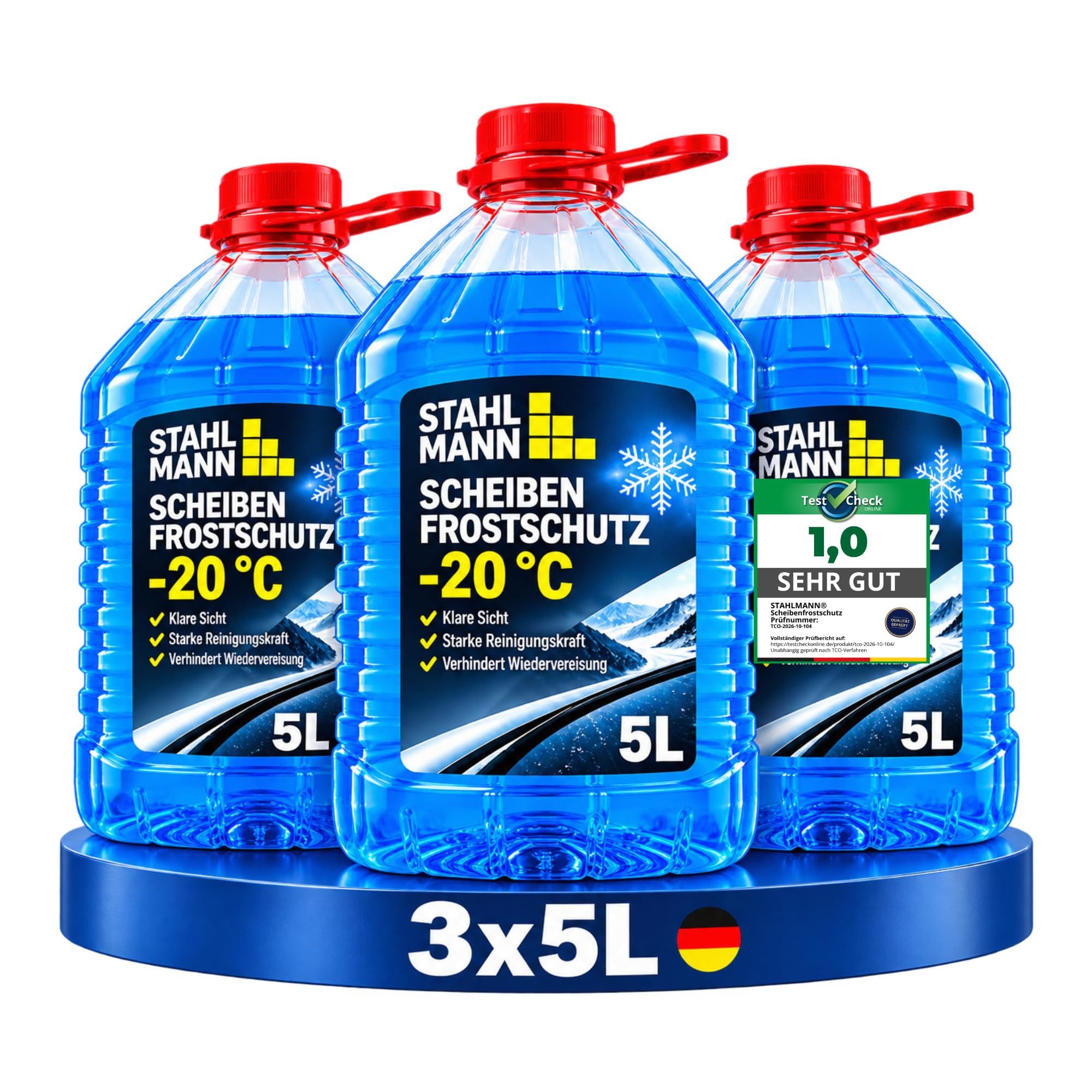 STAHLMANN Scheibenfrostschutz -20 °C Fertigmischung Wischwasser Winter streifenfrei verdünnbar, bis -20 °C, 15,00 l, Spar-Set, 3 St., 3 x 5 l, bis -20 °C, streifenfrei, verdünnbar, 5-Liter-Kanister