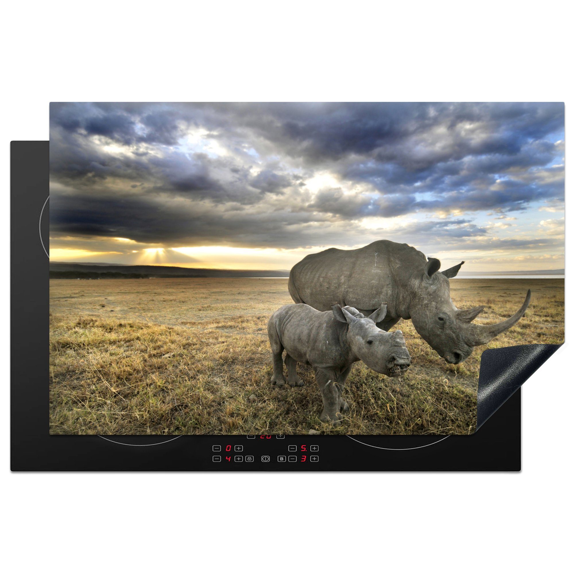 MuchoWow Herdblende-/Abdeckplatte Rhinozeros - Kalb - Tiere, Vinyl, (1 tlg), 81x52 cm, Induktionskochfeld Schutz für die küche, Ceranfeldabdeckung