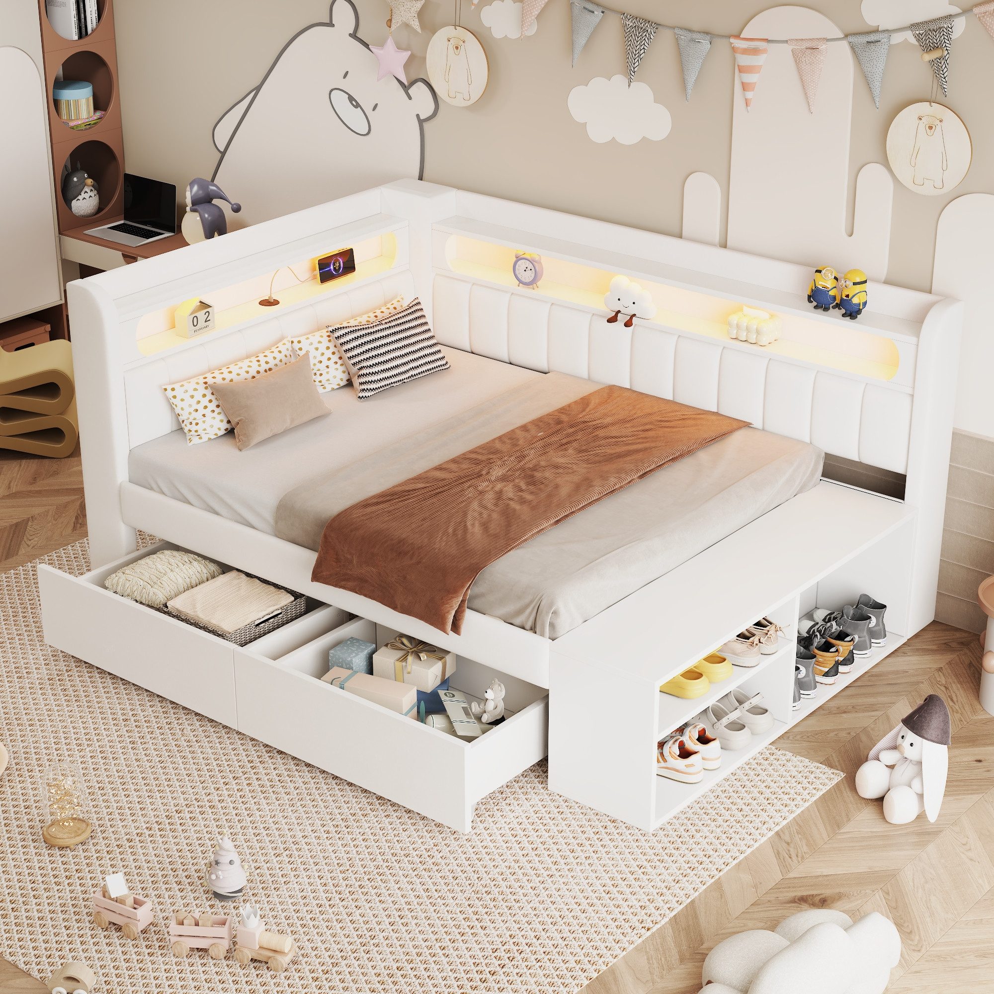 Merax Daybett 90x200cm mit USB-Anschluss & LED-Lichtleiste (Jugendbett Einzelbett Kinderbett, 1 tlg), Schlafsofa Tagesbett mit Schuhschrank, 2 Schubladen & Abla – Bild 4 von 5