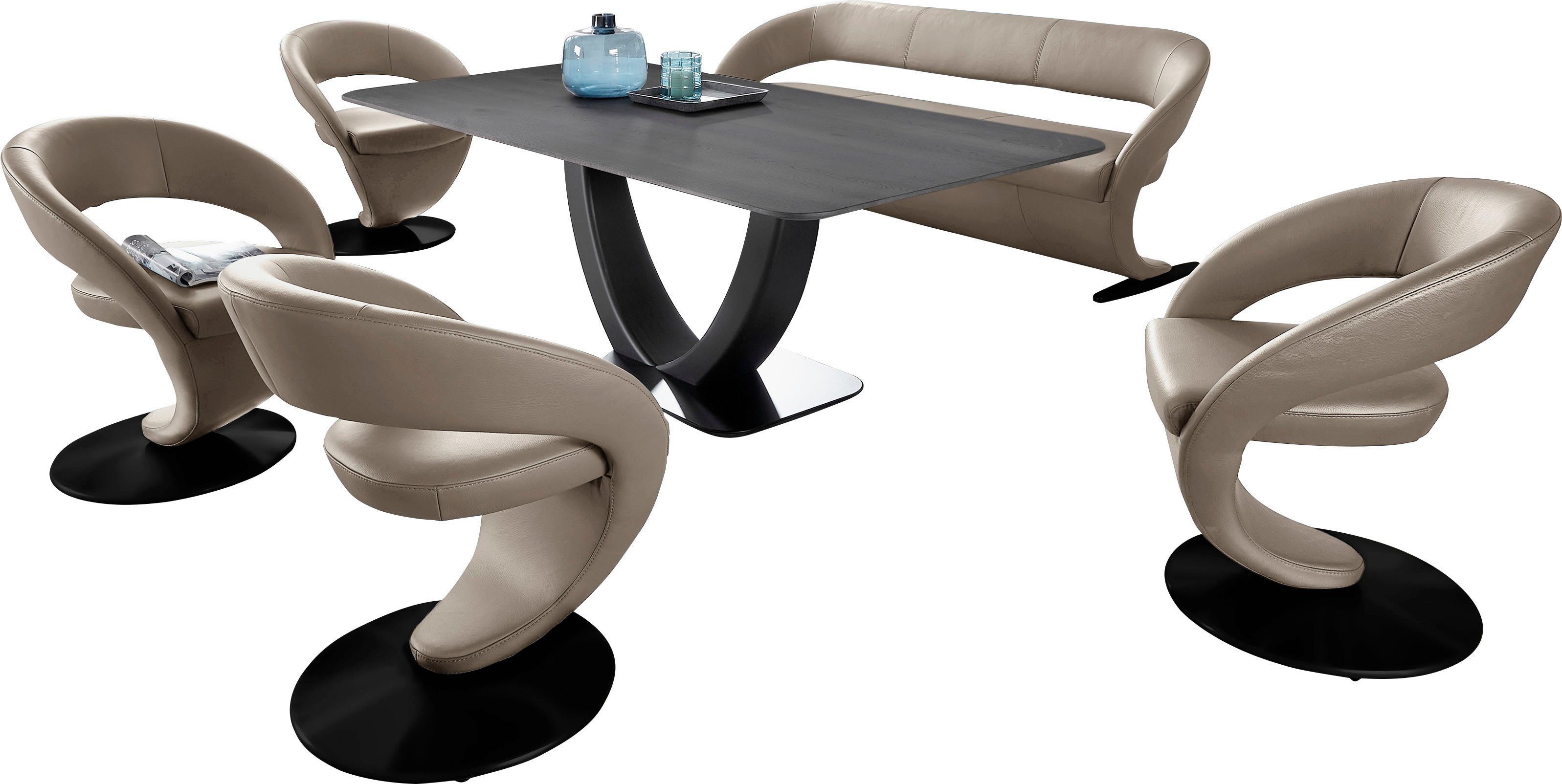 K+W Komfort & Wohnen Essgruppe Tischplatte Tisch Wildeiche und Wave, (Set), Design-Drehstühlen in 4 180x90cm