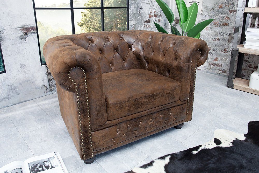 riess-ambiente Sessel »CHESTERFIELD 110cm antik braun« (1-St), Wohnzimmer ·  Microfaser · mit Armlehne · Federkern