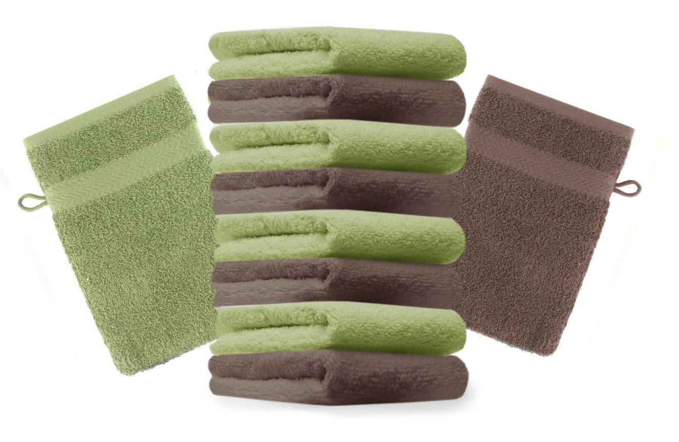 Betz Waschhandschuh 10 Stück Waschhandschuhe Premium 100% Baumwolle Waschlappen Set 16x21 cm Farbe apfelgrün und nussbraun (10-tlg)