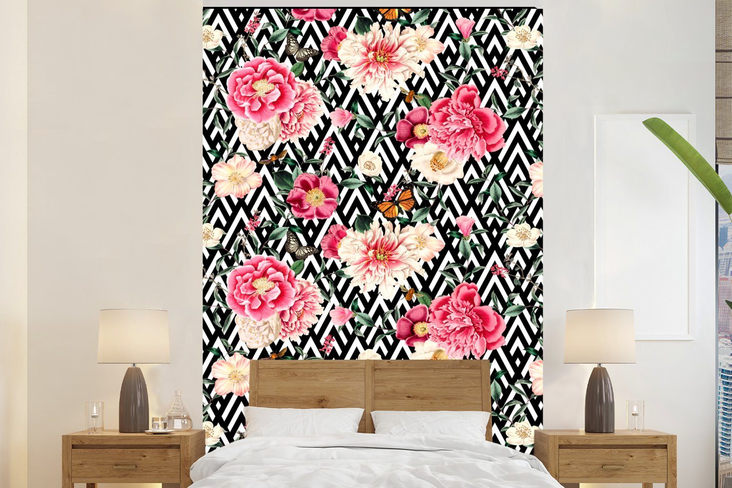MuchoWow Fototapete Blumen - Rosa - Schmetterling, Matt, bedruckt, (3 St), Montagefertig Vinyl Tapete für Wohnzimmer, Wandtapete