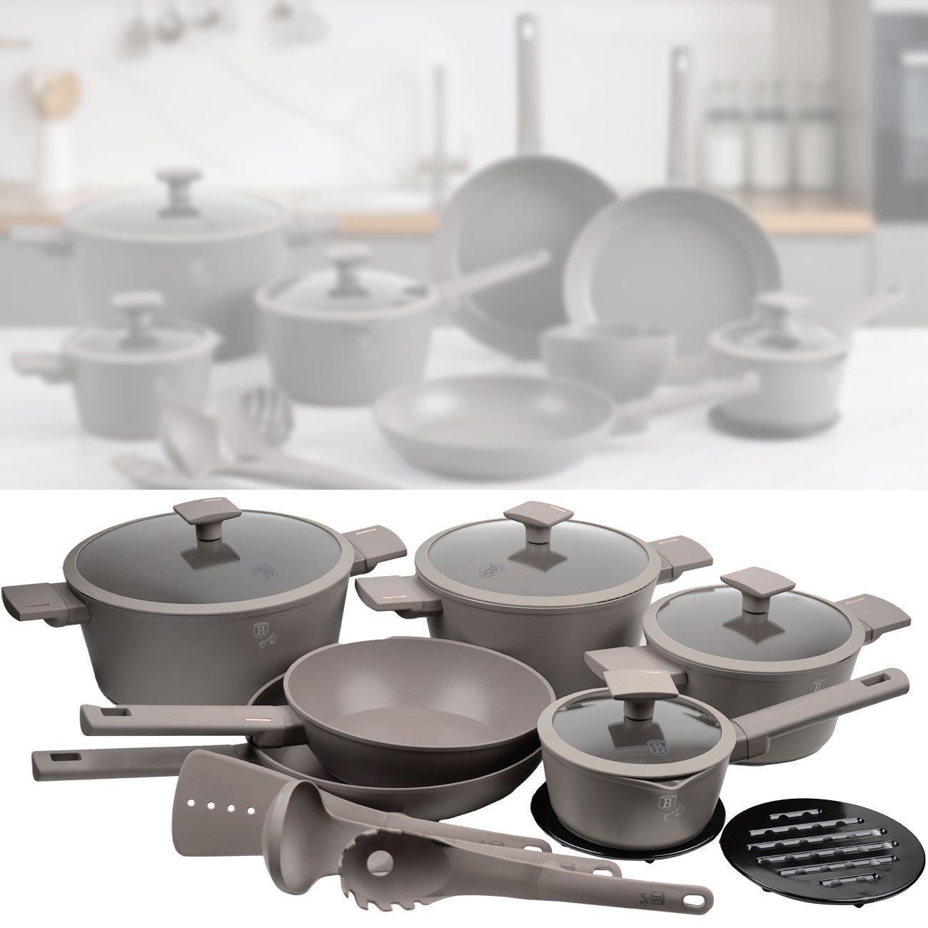 BerlingerHaus Topf-Set 15-tlg. Design-Kochset (Taupe): Titanbeschichtung & Kochbesteck, Inklusive Saucentopf und Küchenutensilien