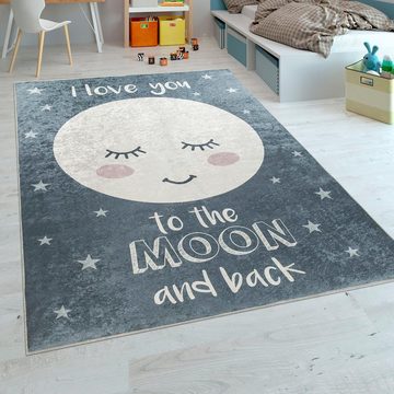 Kinderteppich Aleyna 103, Paco Home, rechteckig, Höhe: 6 mm, Kinder Design, niedliches Mond Motiv mit Schriftzug, Kinderzimmer