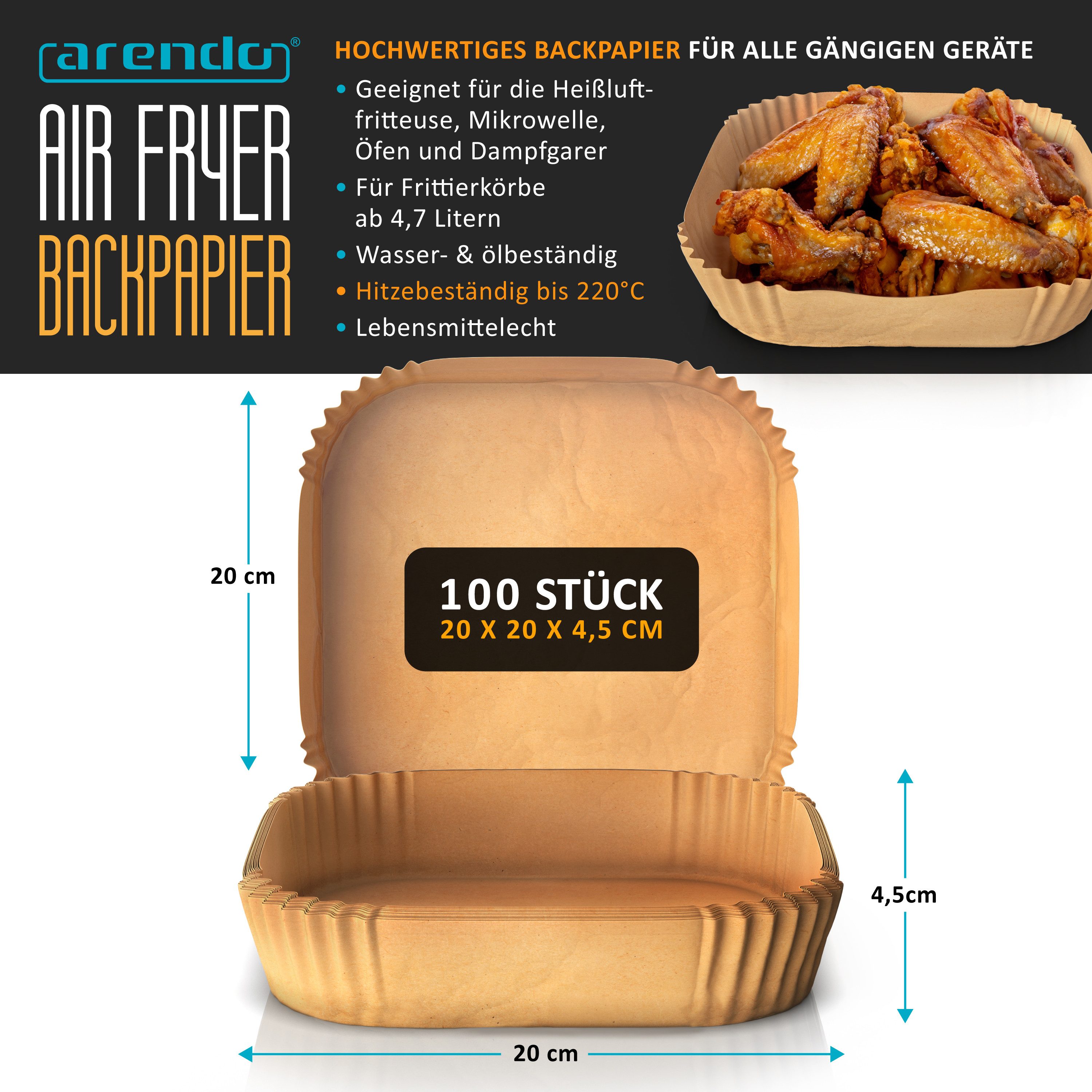 Arendo Backpapier für Heißluftfritteuse 4,5 - 7,5 L, 100 St., 20 x 20 x 4,5 cm, Antihaft, ungebleicht, wasser- und ölbeständig, für Airfryer, Ofen, Mikrowelle – Bild 2 von 5