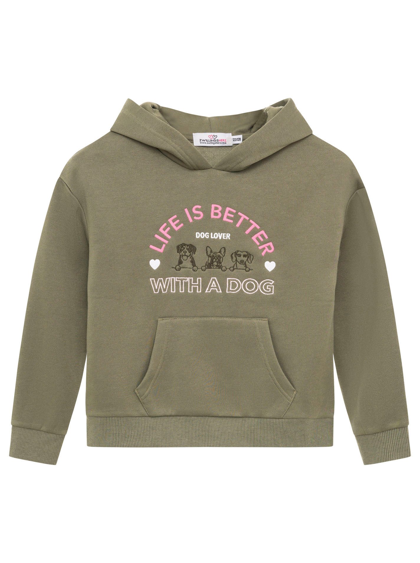 Zwillingsherz Hoodie "Dog Life" Mini-Me,mit gestickten Hunden und Slogan