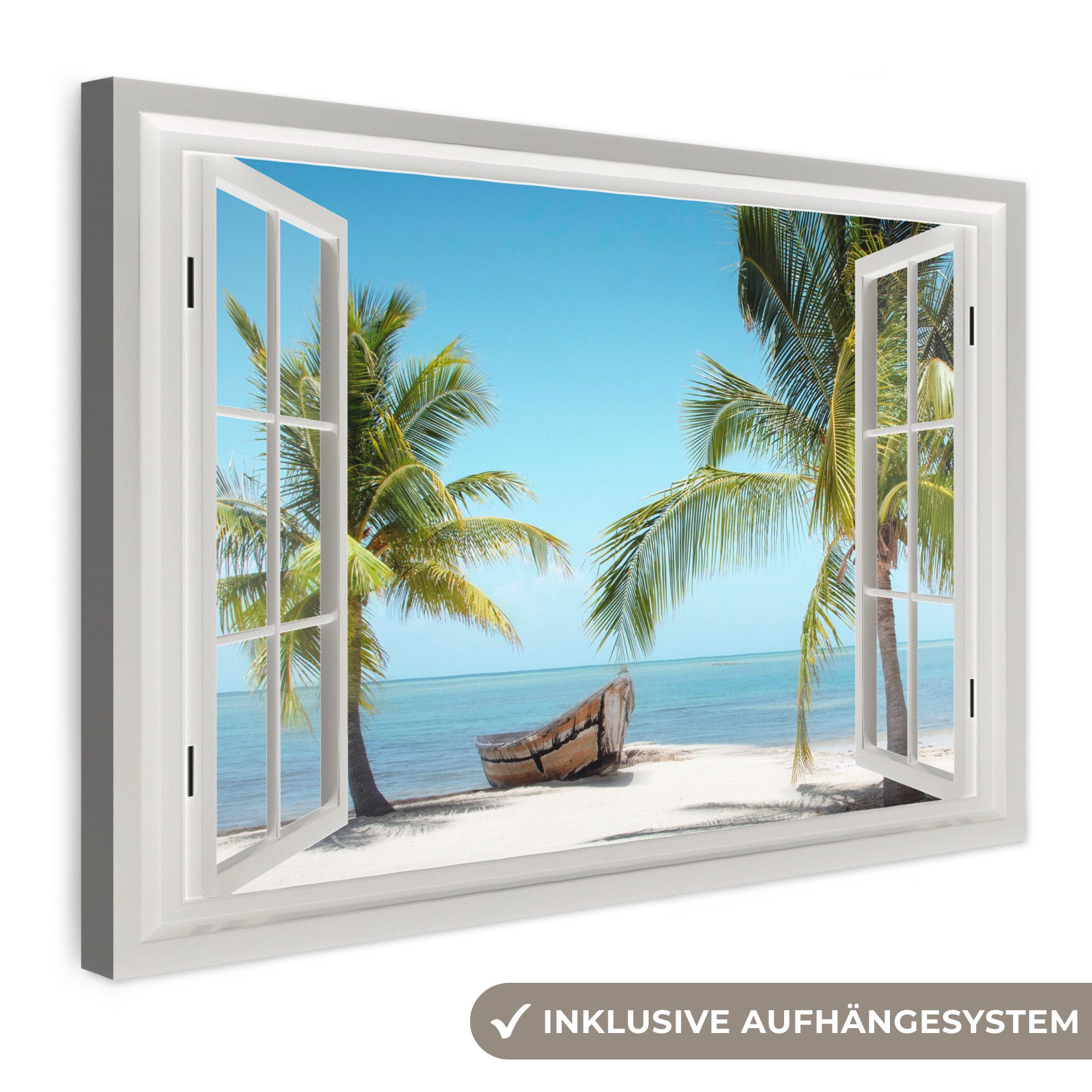 OneMillionCanvasses® Leinwandbild Aussicht - Strand - Palme - Boot - Tropisch - Meer - Blau, Fotodruck (1 St), Leinwand Bilder Klein, Wand Dekoration Aesthetic 30x20 cm