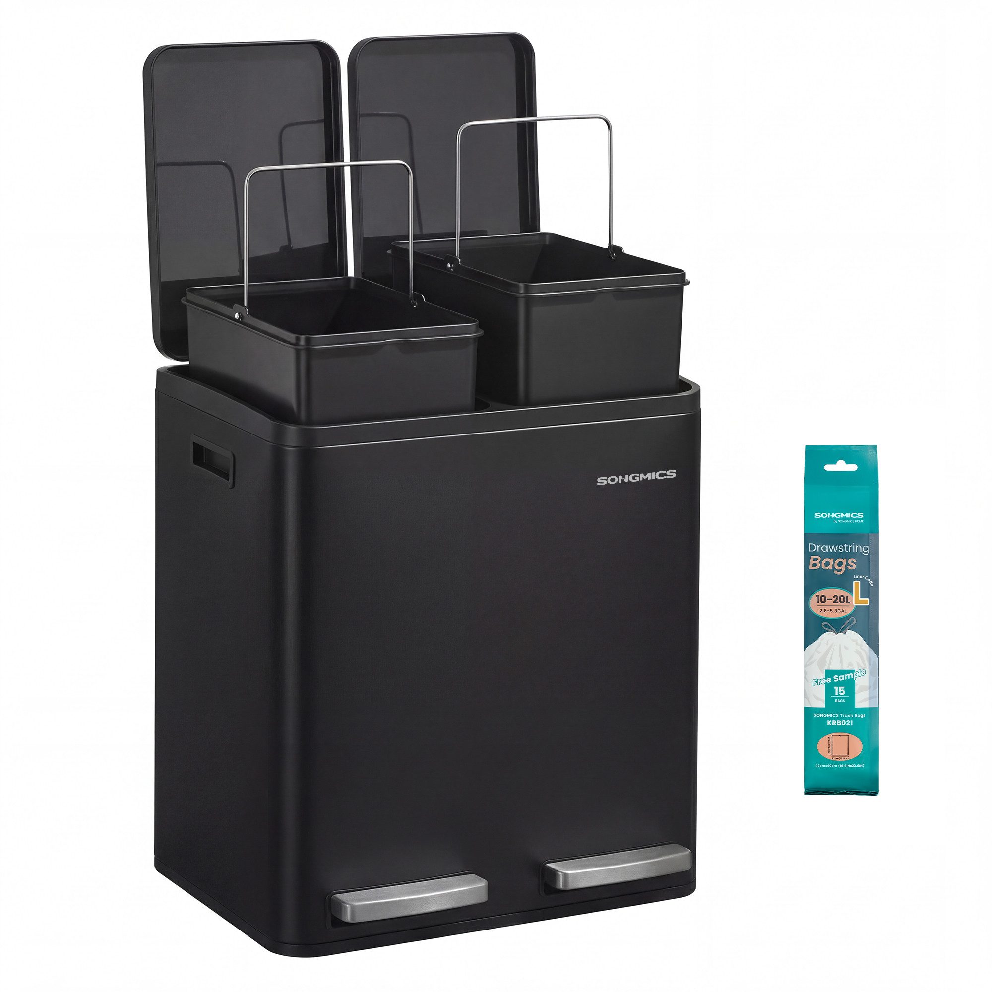 SONGMICS Mülleimer Abfalleimer 2 oder3 Fächer, Mülleimer 30L 54L 60L, Tretmülleimer Softclose-Deckel, herausnehmbare Inneneimer